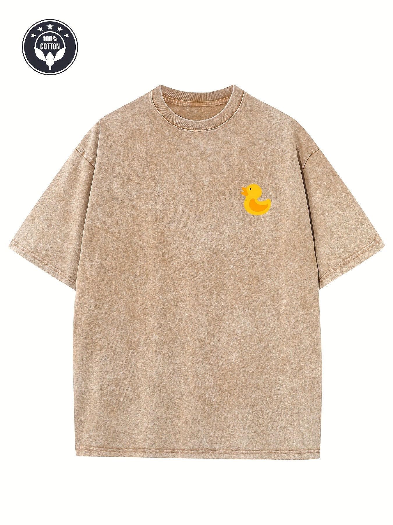 1pc Unisex Casual T-Shirt with Cute Yellow Duck Graphic, 230g Washed, Loose Low-Shoulder Design, Retro Street Style Short Sleeve Round Neck Top for All Seasons Beach Party Daily Wear, T Shirt, for allseason Apparel, Beach Outfit, Minimalist Fashion