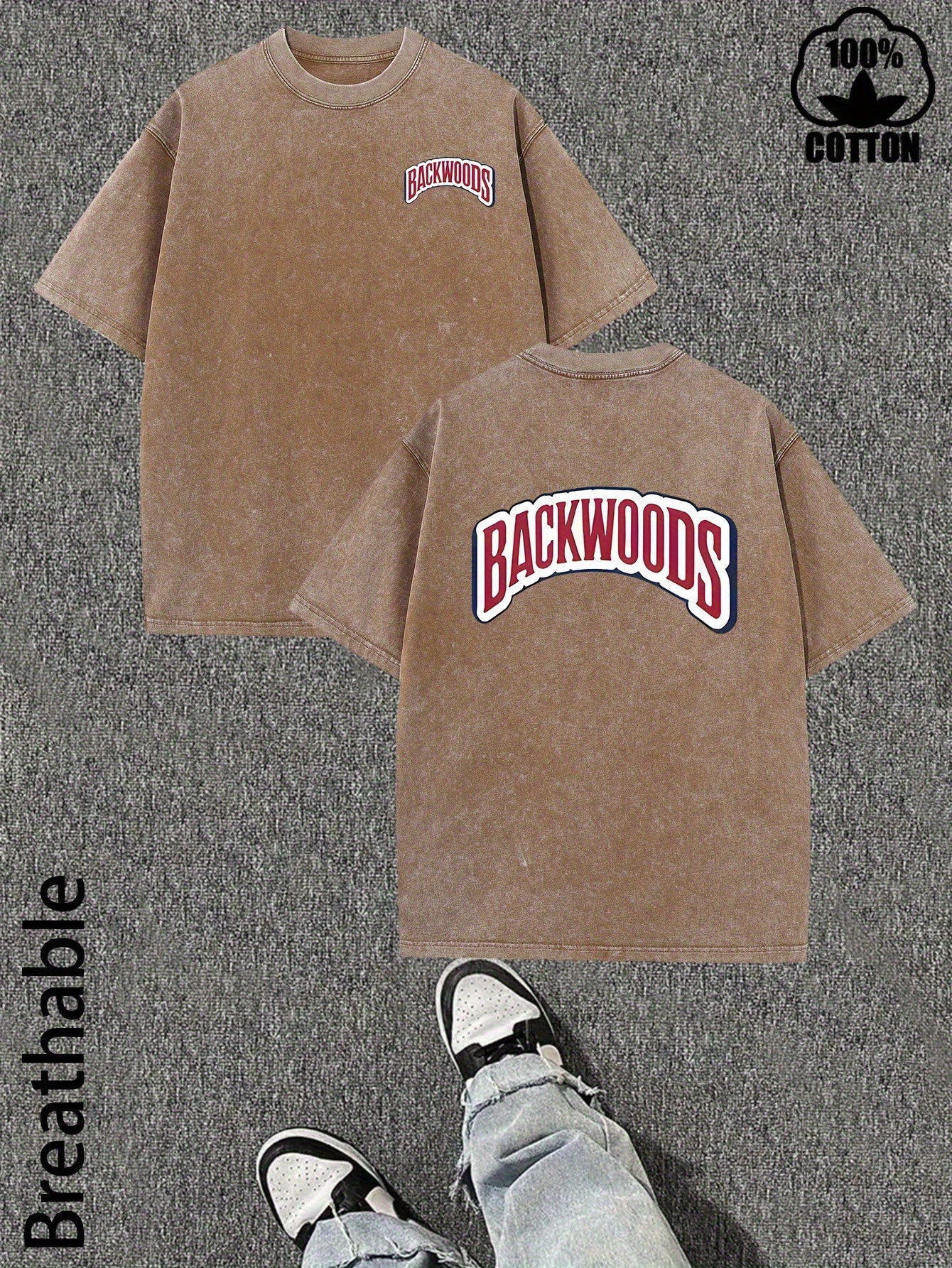 1pc Men's Heavyweight Washed Cotton T-Shirt with BACKWOODS Brand Print - Red Letter Logo, Loose Fit Streetwear Style, Breathable All-Season Casual Gym & Party Wear, Machine Washable Crew Neck Top