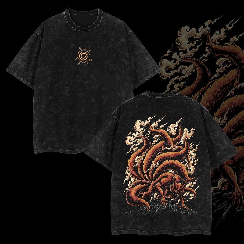 "Jinchuriki Kurama Nine Tailed Fox" Naruto Shippuden Retro Vintage Unisex Anime Manga Acid Washed Tshirt Fabric, Anime Lover Streetwear Menswear Cotton Oversized graphic tee