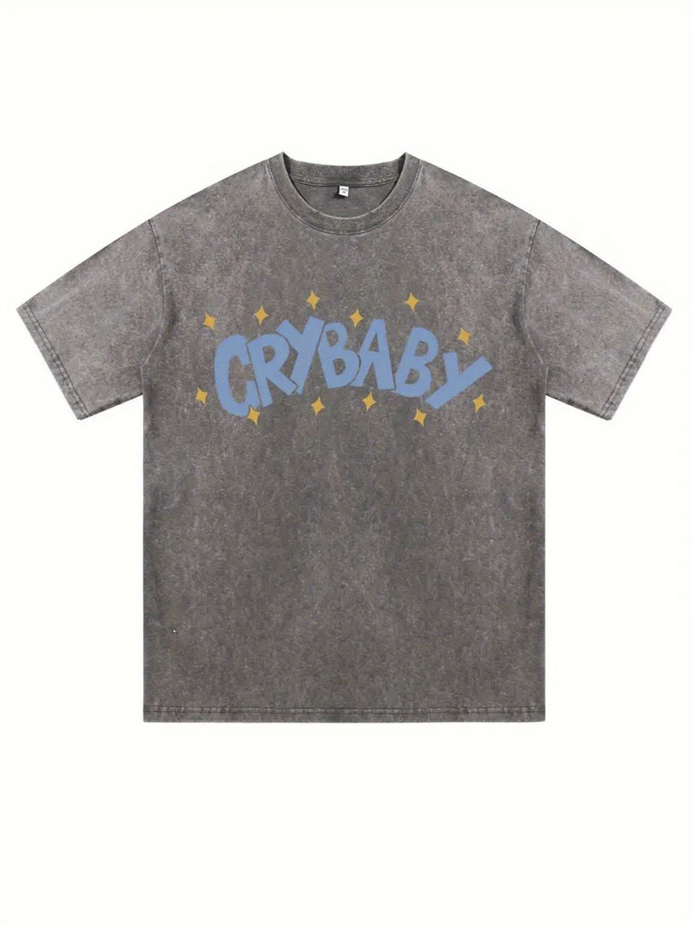 1pc CRYBABY Vintage Cotton T-Shirt 230GSM Washed - Black with Blue Crybaby Text & Yellow Stars Print, Casual Round Neck Tee, Machine Washable Adult Casual Wear, Perfect Gift