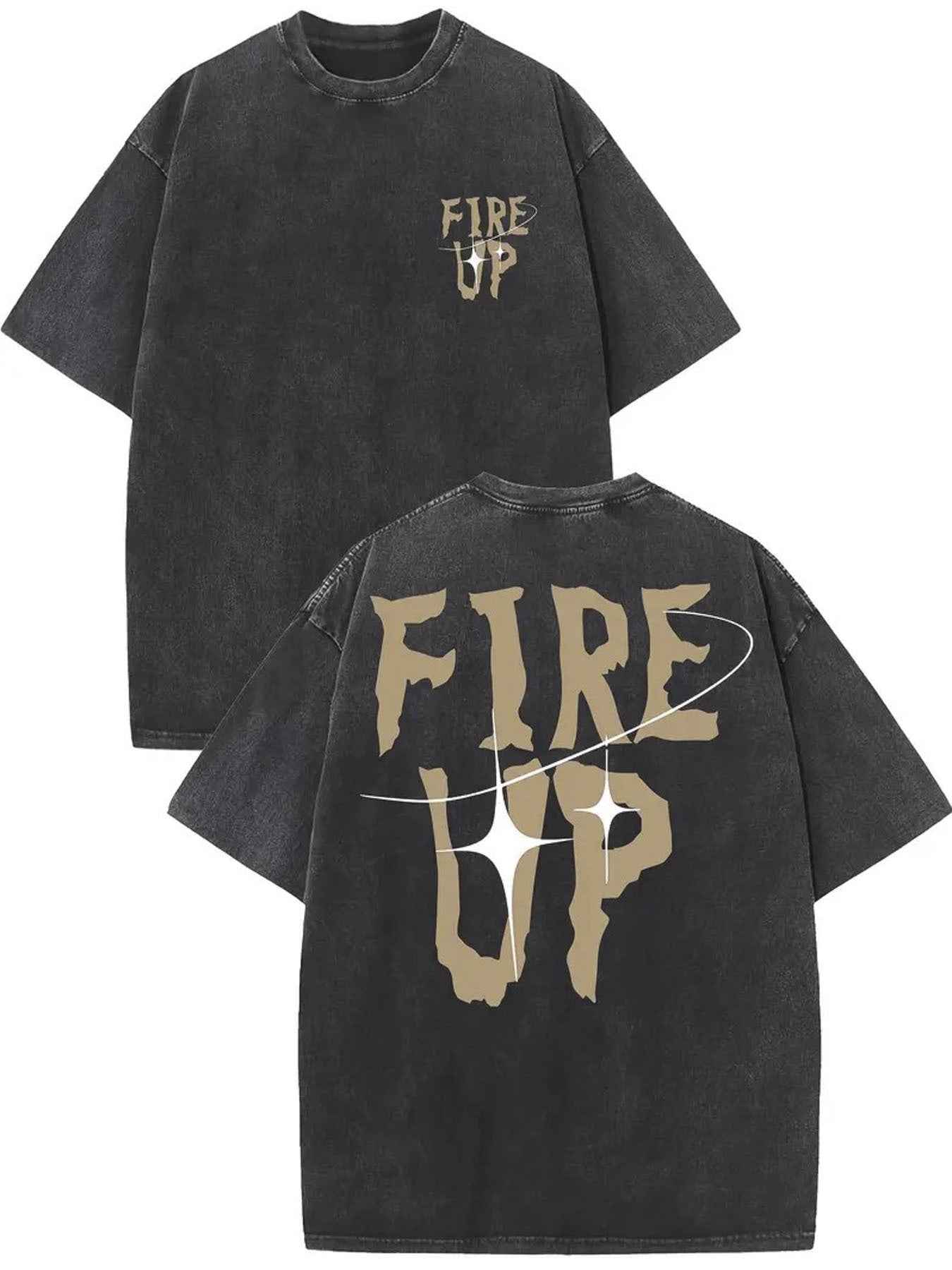 1pc Men'S Heavyweight 230GSM Vintage Washed T-Shirt - Double-Sided "FIRE UP" Graphic Print, Light Gray & Beige Streetwear Crew Neck, All-Season Casual & Special Occasion Essential, Machine Washable Soft Texture, Regular Fit for Daily Wear & Statemen