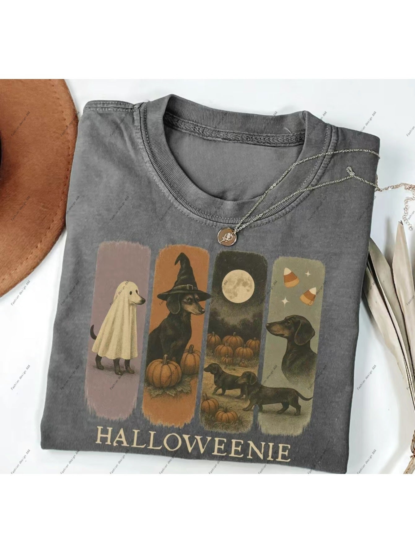 Vintage Halloween Women'S 230g Washed Short Sleeve Top | Dachshund and Pumpkin Print, Machine Washable, Crew Neck, Casual Fit, Perfect Horror Season Gift