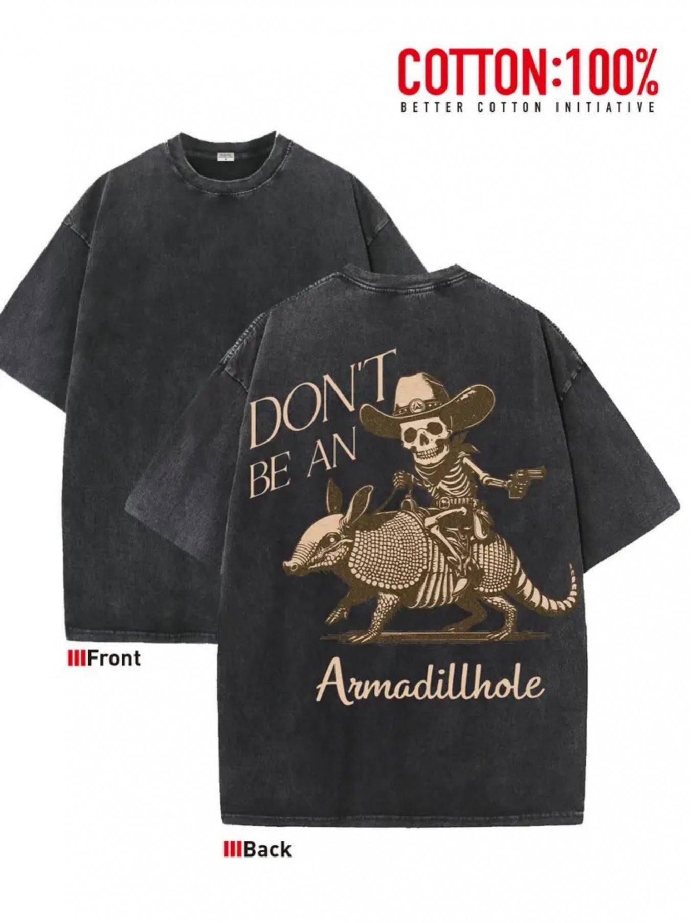 Men's Vintage Western Cotton T-Shirt with Skull Cowboy & Armadillo "Don't Become an Armadillo Hole" Graphic, Loose Fit Crew Neck Casual Tee,