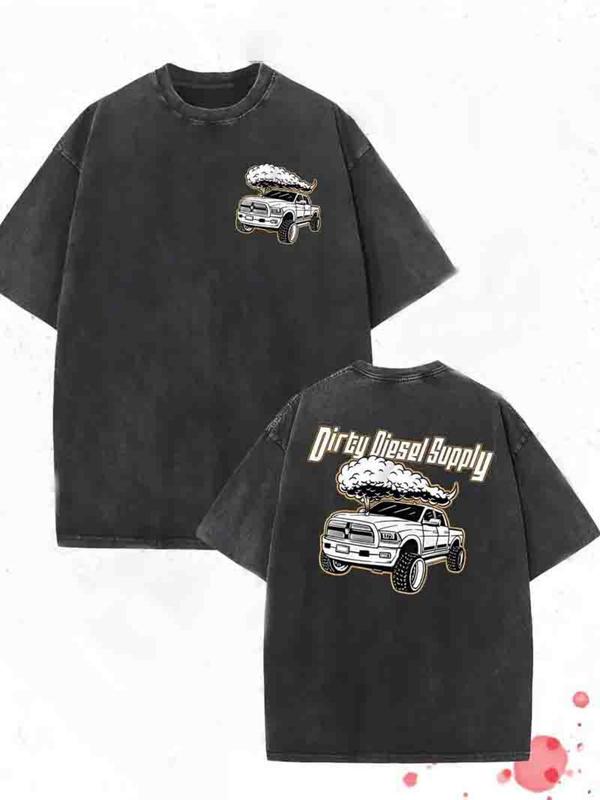 Men's 230g Heavyweight Washed T-shirt - "Dirty" Vintage Truck Graphic Print, Round Neck Regular Fit All-Season