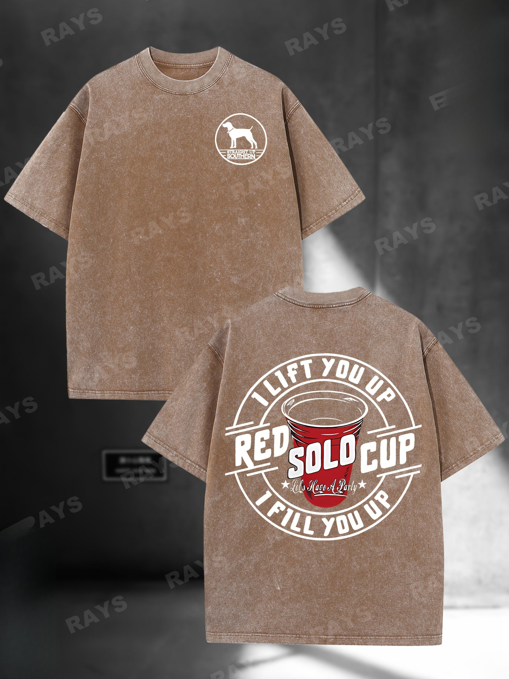 STRAIGHT UP SOUTHER Men's Heavyweight 230g Washed Cotton T-Shirt - Oversized Loose Fit Short Sleeve with Bold Geometric Print, Soft Crew Neck Top for Streetwear, Casual, Party & Daily Wear | Machine Washable Year-Round