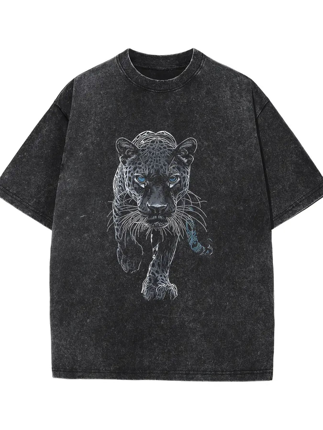 Vintage Batik Cotton T-Shirt - Heavyweight 230g Washed Thick Summer Tee with Leopard Print, Round Neck Casual Top for all-Season Wear, Machine Washable, Holiday Gift