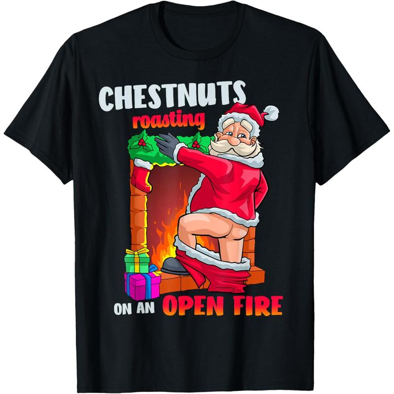 [Graphic T-shirt] Chest Nuts Roasting Funny Naughty Santa Dirty Food Pun Xmas T-Shirt, humorous holiday graphic tee for men and women, perfect Christmas gift for friends and festive parties
