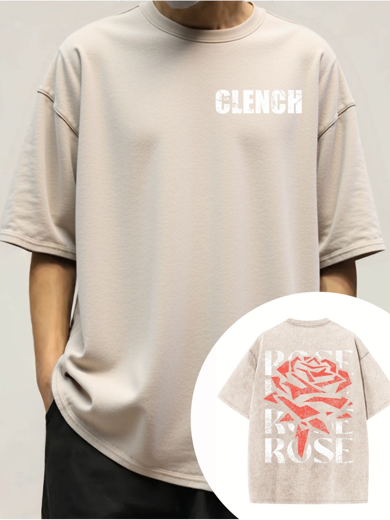 Men'S Vintage Washed - Distressed Brown & Beige Oversized T-Shirt with White Rose & CLENCH Letter Print, Soft Loose Fit Casual Short Sleeve Round Neck, Machine Washable All-Season Comfort for Daily Wear, Fishing, Outdoor & Golf - Ideal Men'S Gift