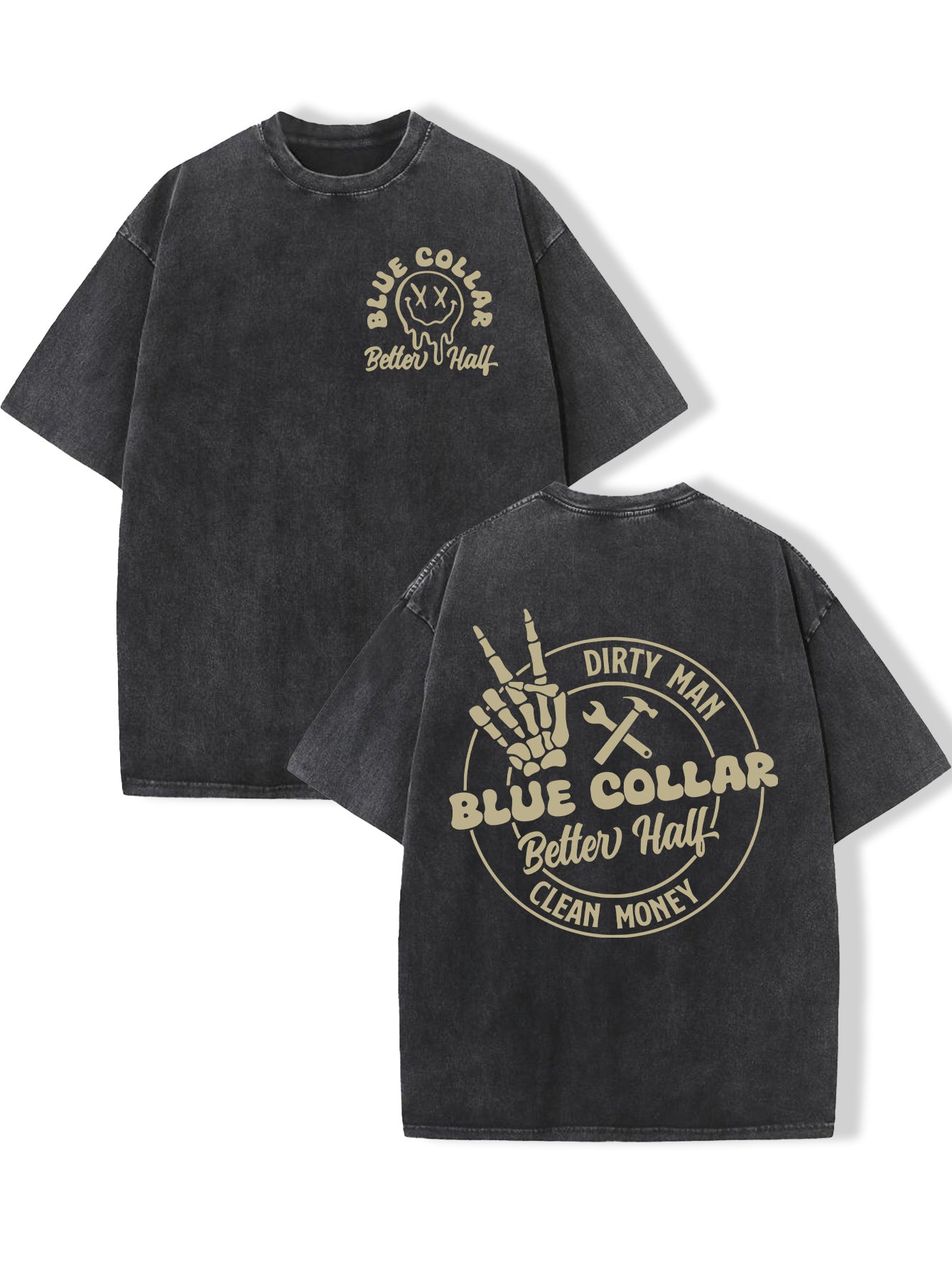 Reversible Washed Cotton Vintage Streetwear T-Shirt - Loose Fit Hip Hop Graphic Print Unisex Top with "Dirty for Man Blue Collar" Design, Machine Washable All-Season Casual Tee