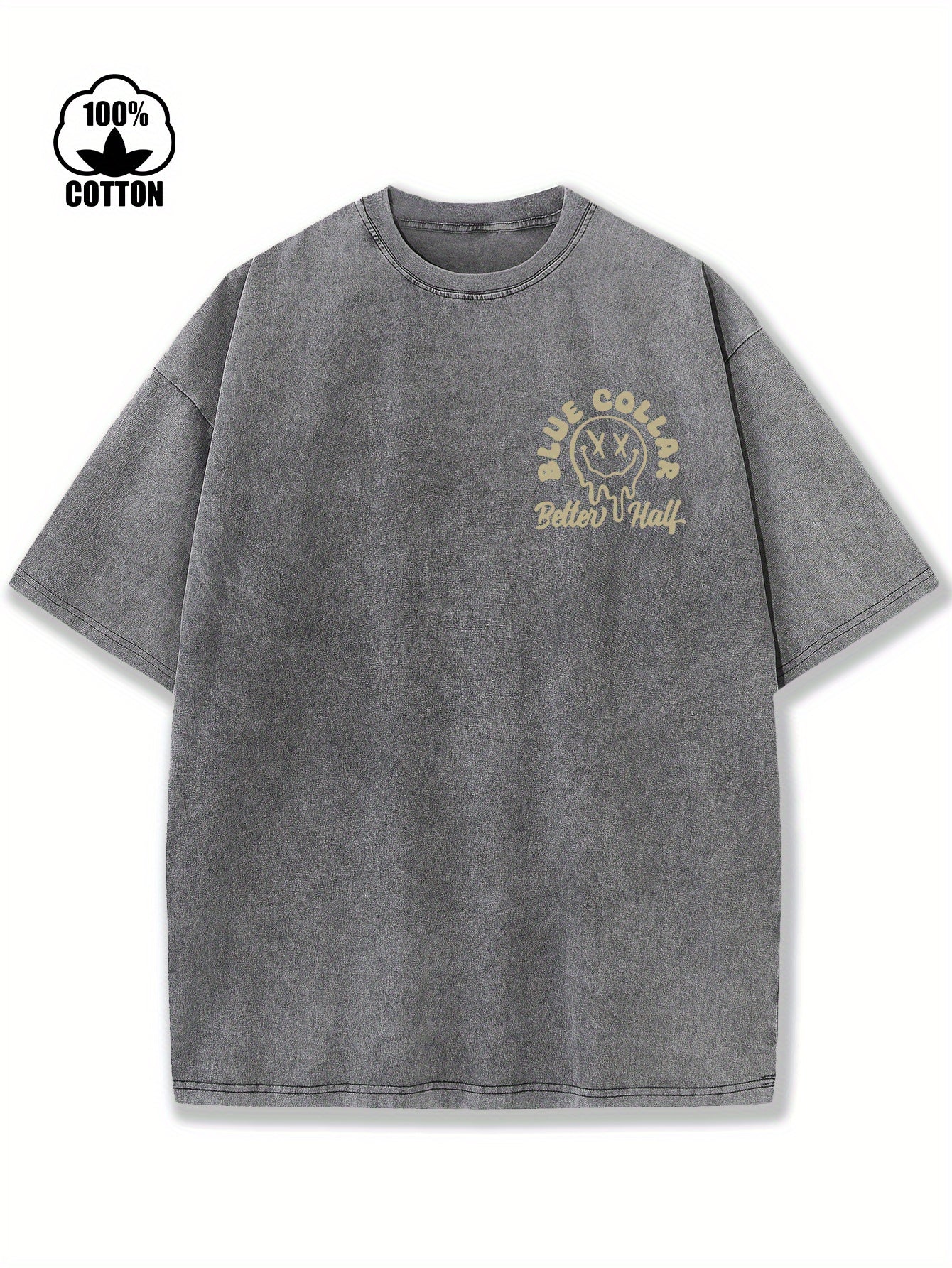 Reversible Washed Cotton Vintage Streetwear T-Shirt - Loose Fit Hip Hop Graphic Print Unisex Top with "Dirty for Man Blue Collar" Design, Machine Washable All-Season Casual Tee