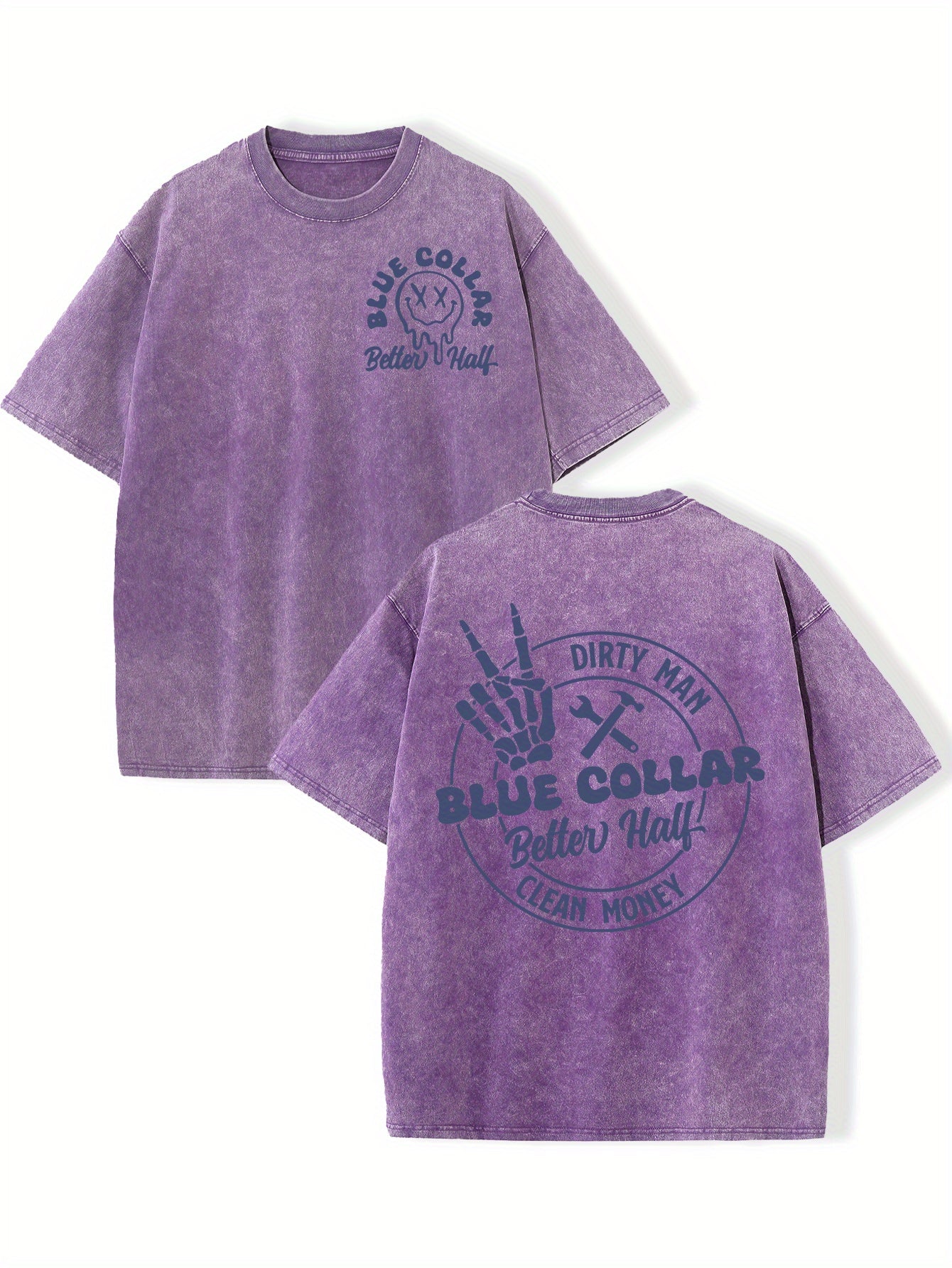 Reversible Washed Cotton Vintage Streetwear T-Shirt - Loose Fit Hip Hop Graphic Print Unisex Top with "Dirty for Man Blue Collar" Design, Machine Washable All-Season Casual Tee
