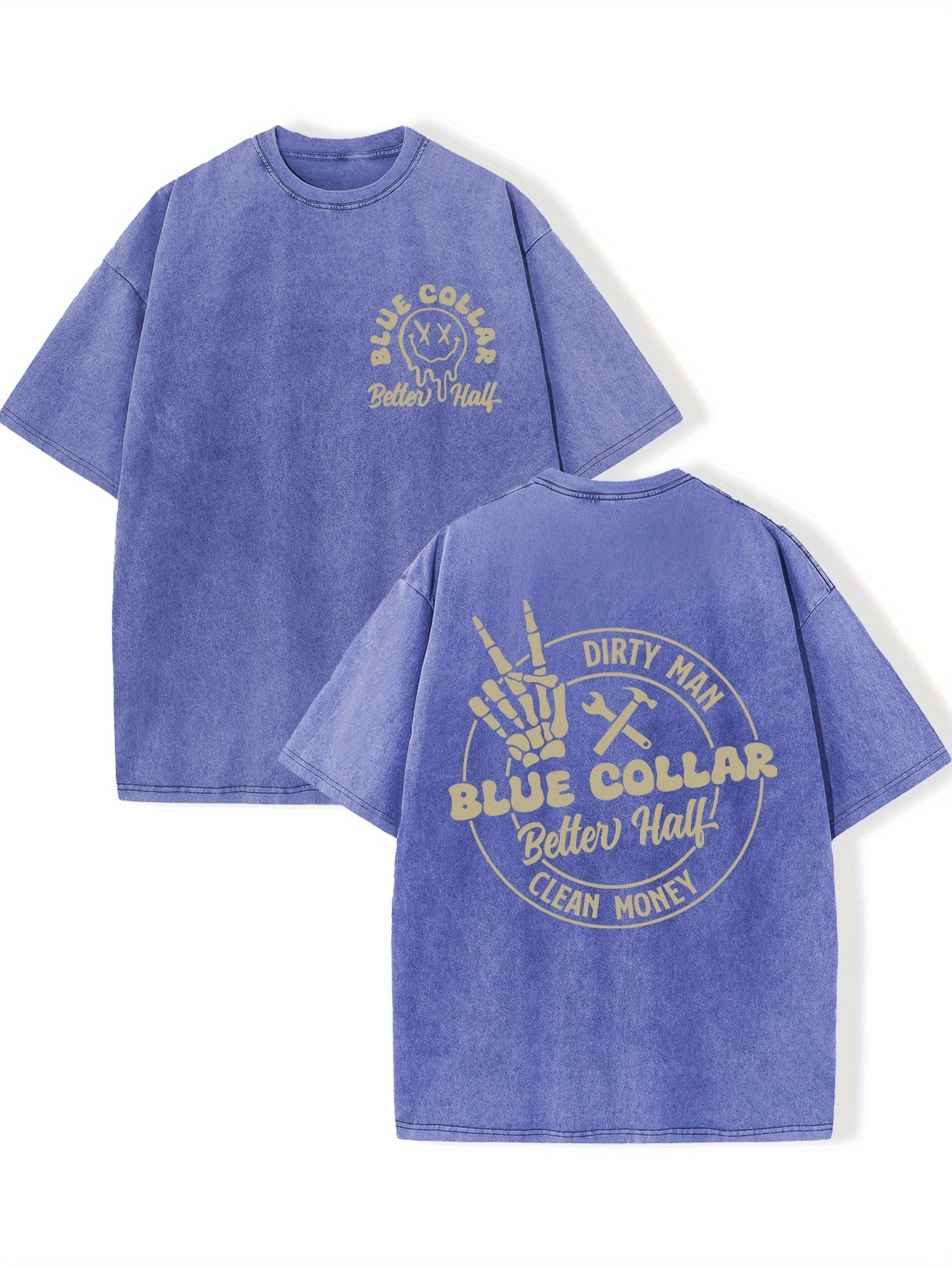 Reversible Washed Cotton Vintage Streetwear T-Shirt - Loose Fit Hip Hop Graphic Print Unisex Top with "Dirty for Man Blue Collar" Design, Machine Washable All-Season Casual Tee