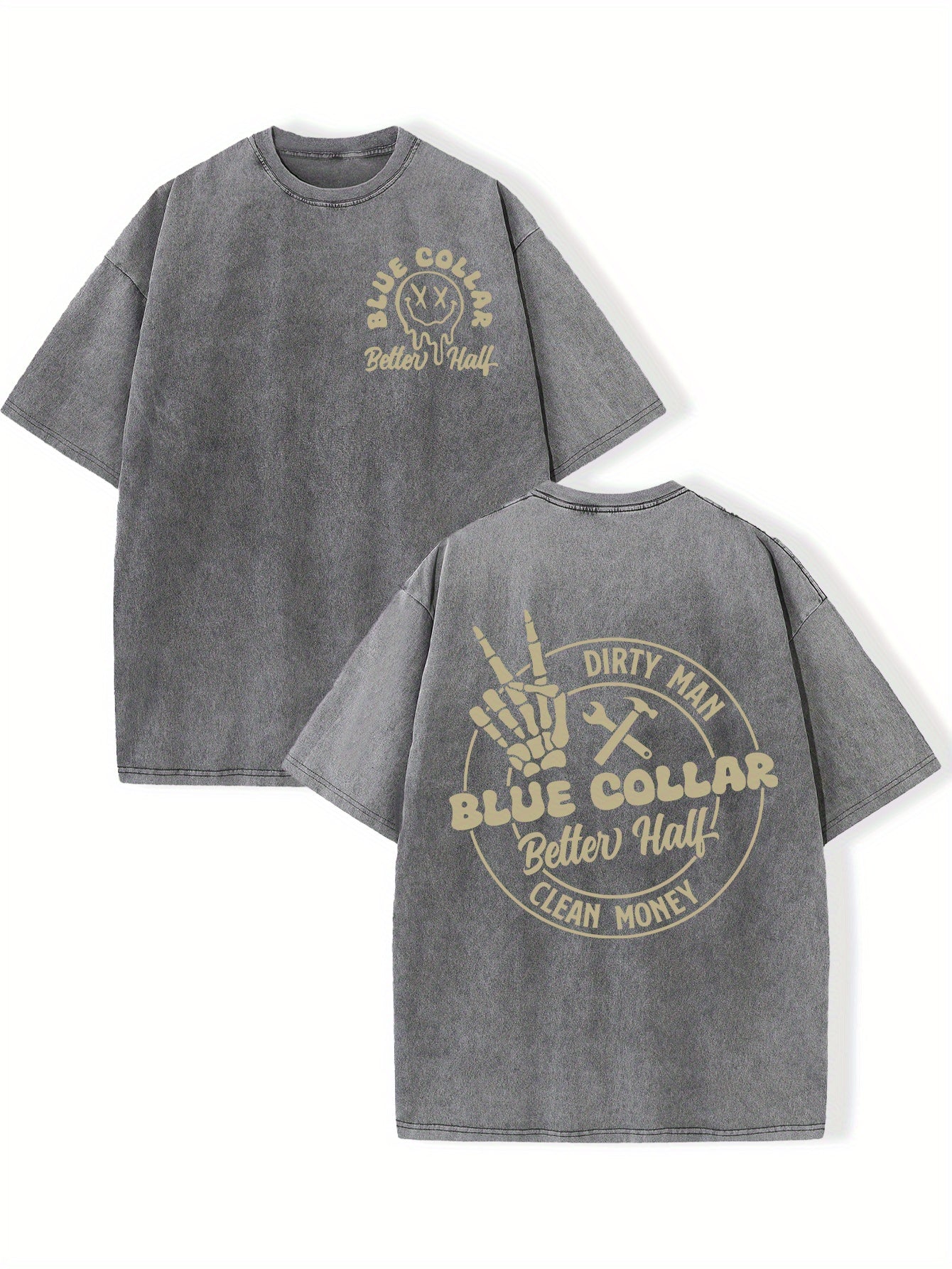 Reversible Washed Cotton Vintage Streetwear T-Shirt - Loose Fit Hip Hop Graphic Print Unisex Top with "Dirty for Man Blue Collar" Design, Machine Washable All-Season Casual Tee