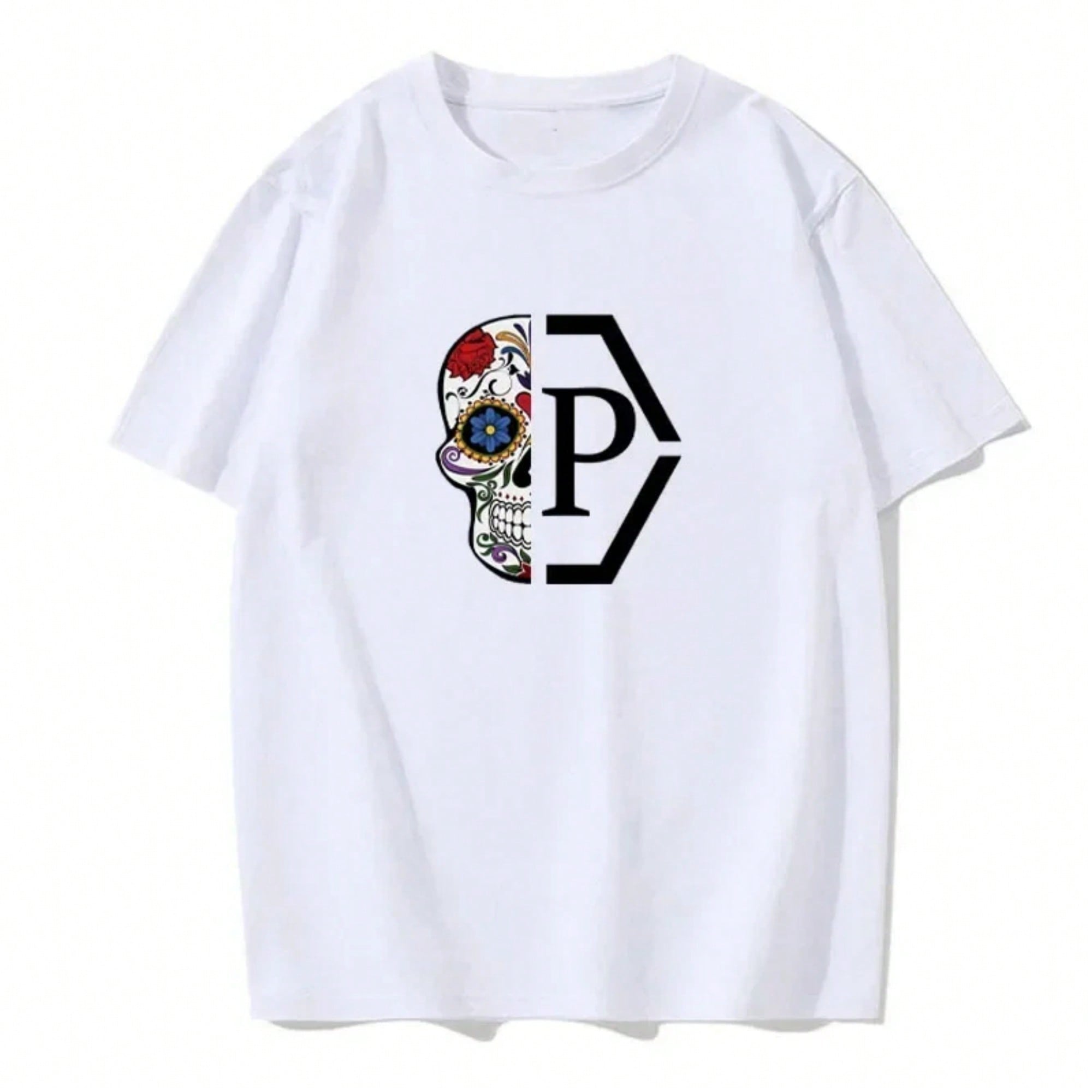 Luxury Brand Half Skull Flower Printed Letter Men's New Loose And Fashionable Short Sleeved T-Shirt European Cotton T-Shirt