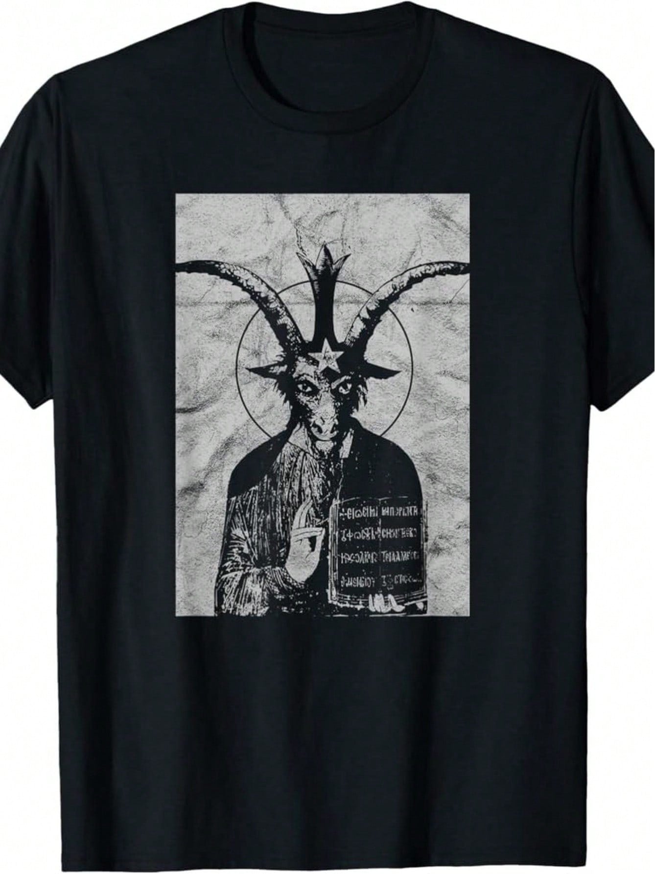 100% Made In USA, 180g Occult Baphomet Gothic Grunge Satan Devil Black  666 T-Shirt,Short Sleeved Shirt, Essential For Summer And Spring, Loose Casual Round Neck, Men's Letter Printed T-Shirt, Suitable For Sports Enthusiasts