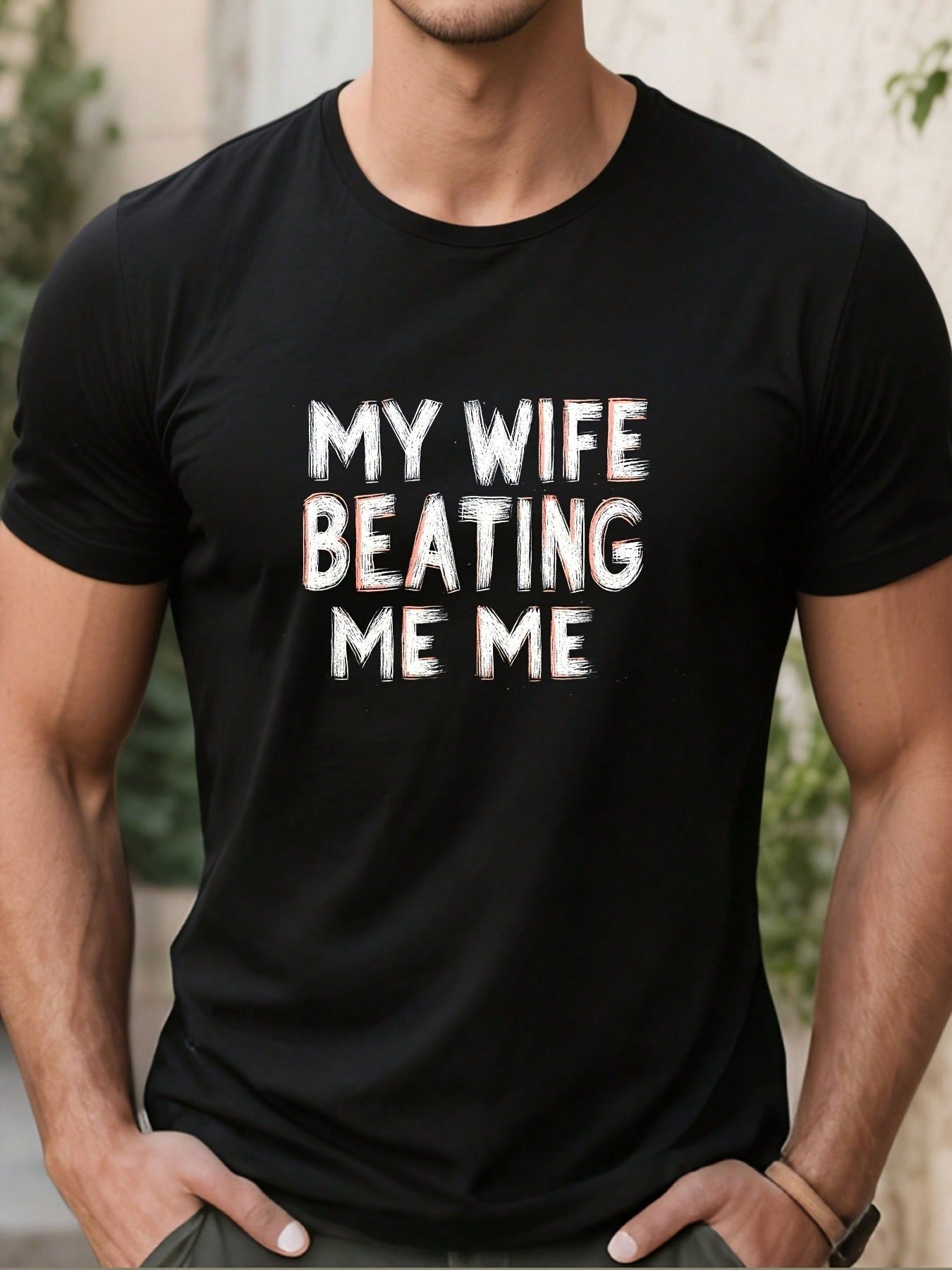 1pc Men's Funny My Wife Beating Me Graphic T-Shirt - Black Short Sleeve Crew Neck Casual Streetwear Tee, Regular Fit, Machine Washable, All-Season Comfort,Short Sleeved Shirt, Essential For Summer And Spring, Loose Casual Round Neck, Men's Letter Printed
