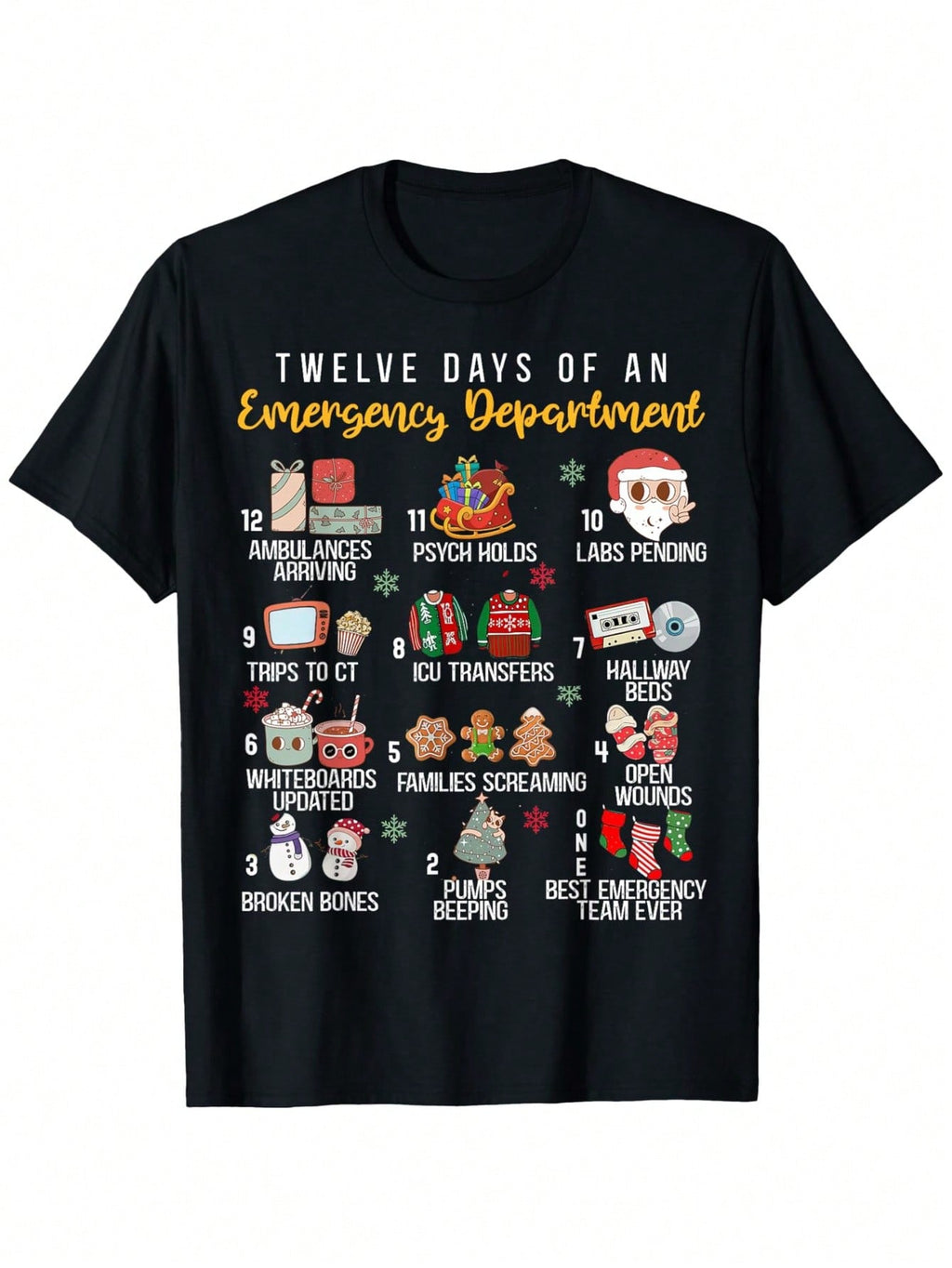 12 Days Of An Emergency Department, ER Nurse Christmas T-Shirt, 100% Cotton 180g Weight Nurse Day Graphic T-Shirts For Men Dad Father Friends, Black Crewneck Short Sleeve, S-XXXL Regular-Fit Summer Shirts Gifts For Nurses,100% Pure Cotton Short Sleeved Sh