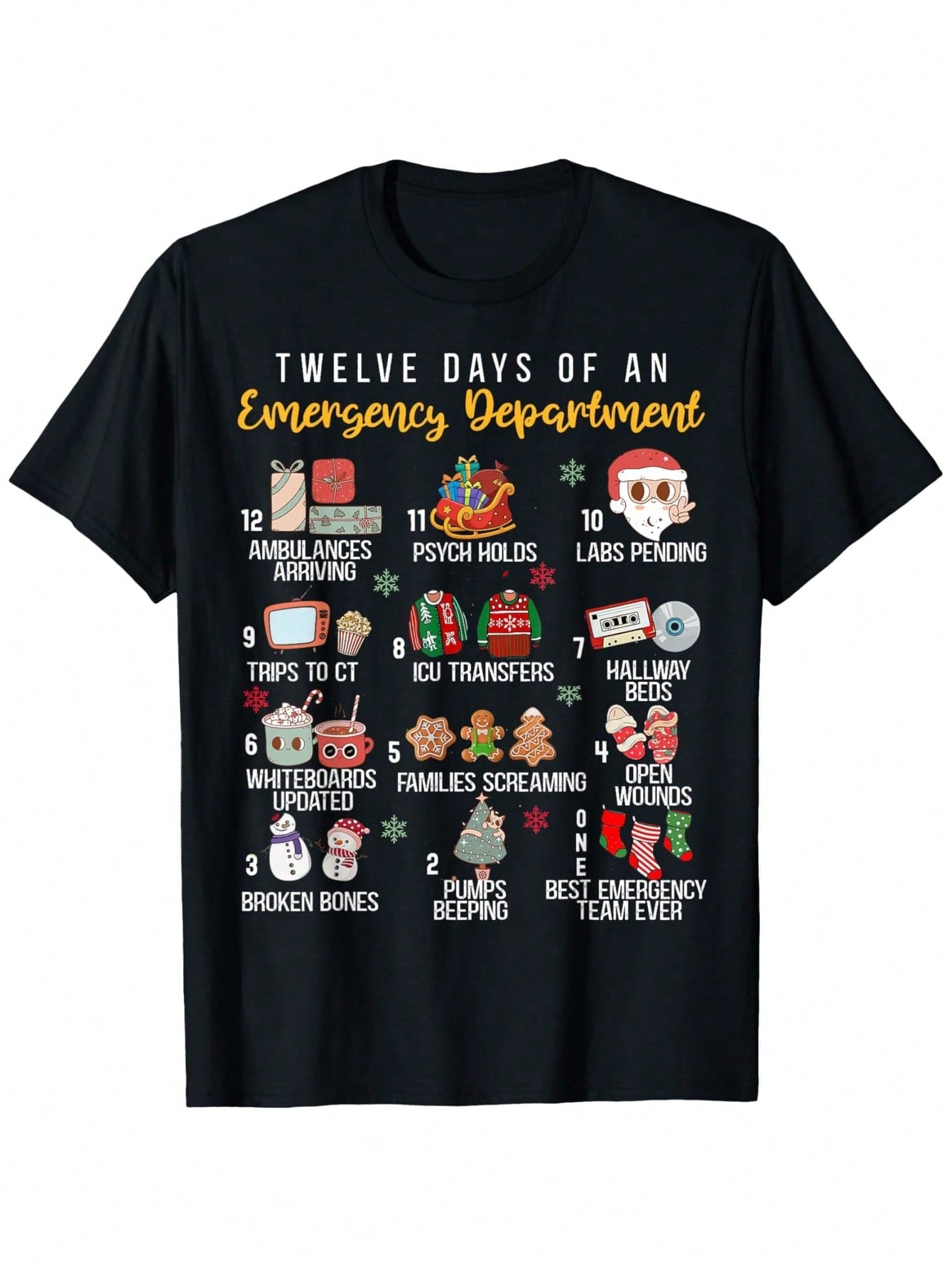 12 Days Of An Emergency Department, ER Nurse Christmas T-Shirt, 100% Cotton 180g Weight Nurse Day Graphic T-Shirts For Men Dad Father Friends, Black Crewneck Short Sleeve, S-XXXL Regular-Fit Summer Shirts Gifts For Nurses,100% Pure Cotton Short Sleeved Sh