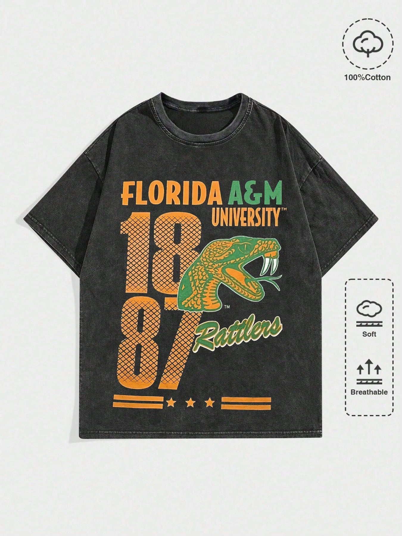 1 Piece Men's Black "Florida A&M University Rattlers" Graphic Tee, Vintage Street Life Retro Washed Printed Short Sleeve 230g Cotton T-Shirt, Summer Casual, Unisex