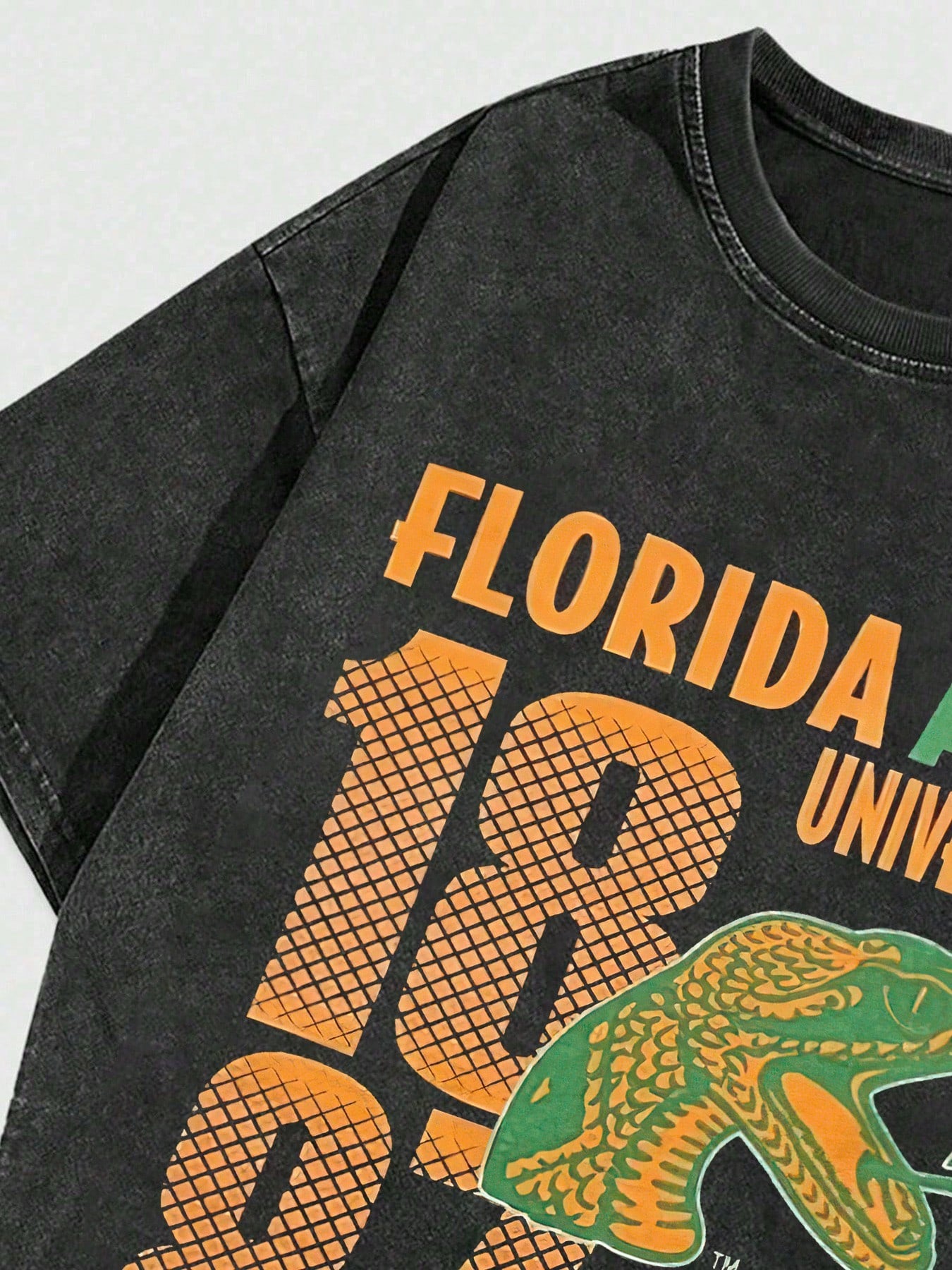 1 Piece Men's Black "Florida A&M University Rattlers" Graphic Tee, Vintage Street Life Retro Washed Printed Short Sleeve 230g Cotton T-Shirt, Summer Casual, Unisex