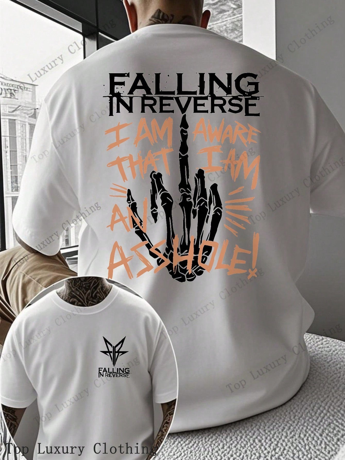 Falling In Reverse Graphic T-Shirt For Men - 100% Cotton Skeleton Hand Print, Bold And Edgy Design, Perfect For Music Festivals And Concerts,  Streetwear Style, Unique Gift IdeaFalling In Reverse Graphic T-Shirt For Men - 100% Cotton Skeleton Hand 1:1