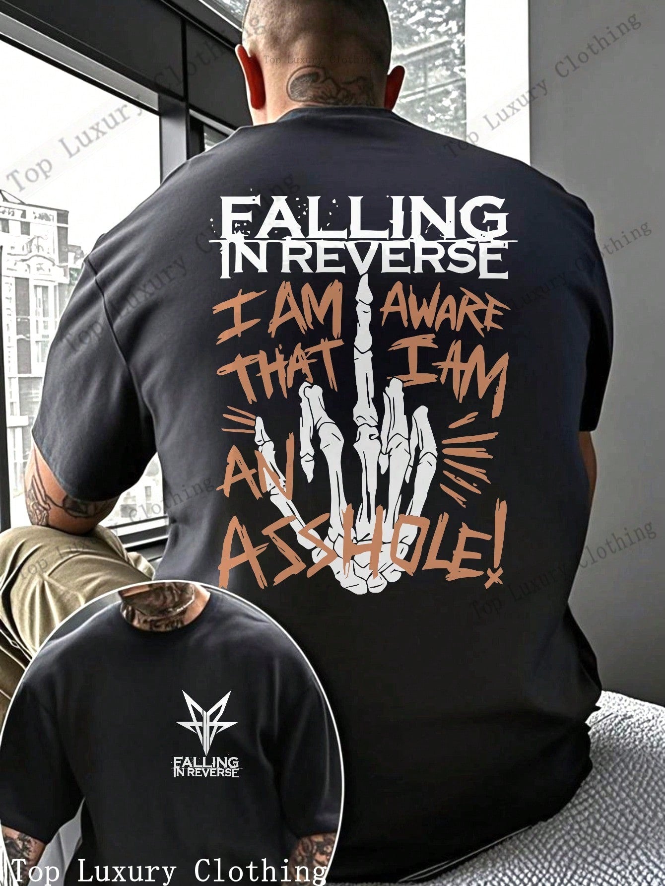Falling In Reverse Graphic T-Shirt For Men - 100% Cotton Skeleton Hand Print, Bold And Edgy Design, Perfect For Music Festivals And Concerts,  Streetwear Style, Unique Gift IdeaFalling In Reverse Graphic T-Shirt For Men - 100% Cotton Skeleton Hand 1:1