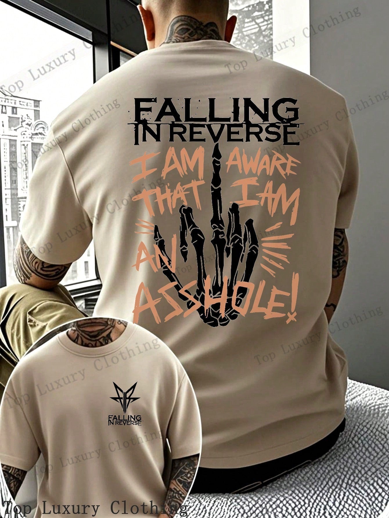 Falling In Reverse Graphic T-Shirt For Men - 100% Cotton Skeleton Hand Print, Bold And Edgy Design, Perfect For Music Festivals And Concerts,  Streetwear Style, Unique Gift IdeaFalling In Reverse Graphic T-Shirt For Men - 100% Cotton Skeleton Hand 1:1