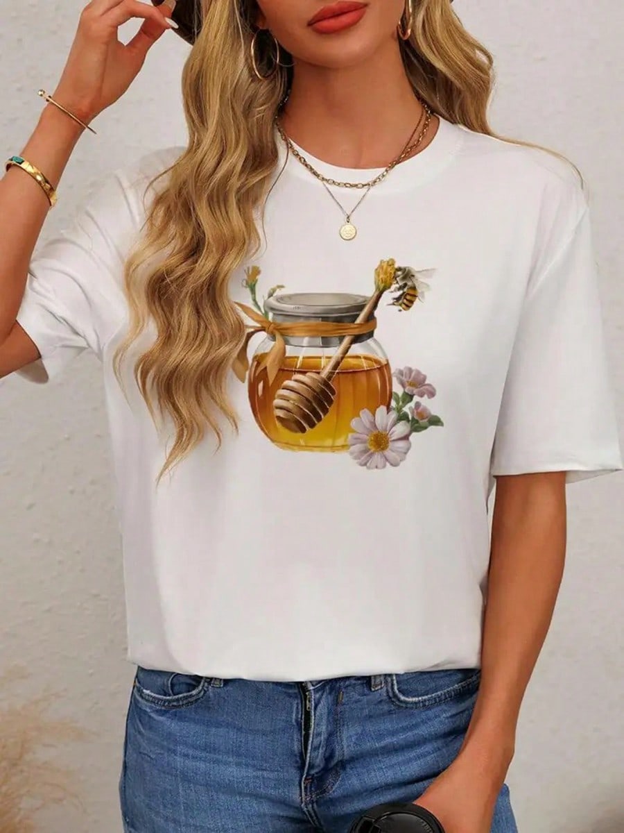 T-Shirt Graphique Pot De Miel Pour Femme - Haut Decontracte A Col Rond Et Manches Courtes Avec Motif Floral Et Abeille, Tissu Leger Et Respirant Pour Tenue Quotidienne,Halloween Clothes Women,Homecoming Dress,Halloween,Rave Outfits,Halloween Costumes1:1