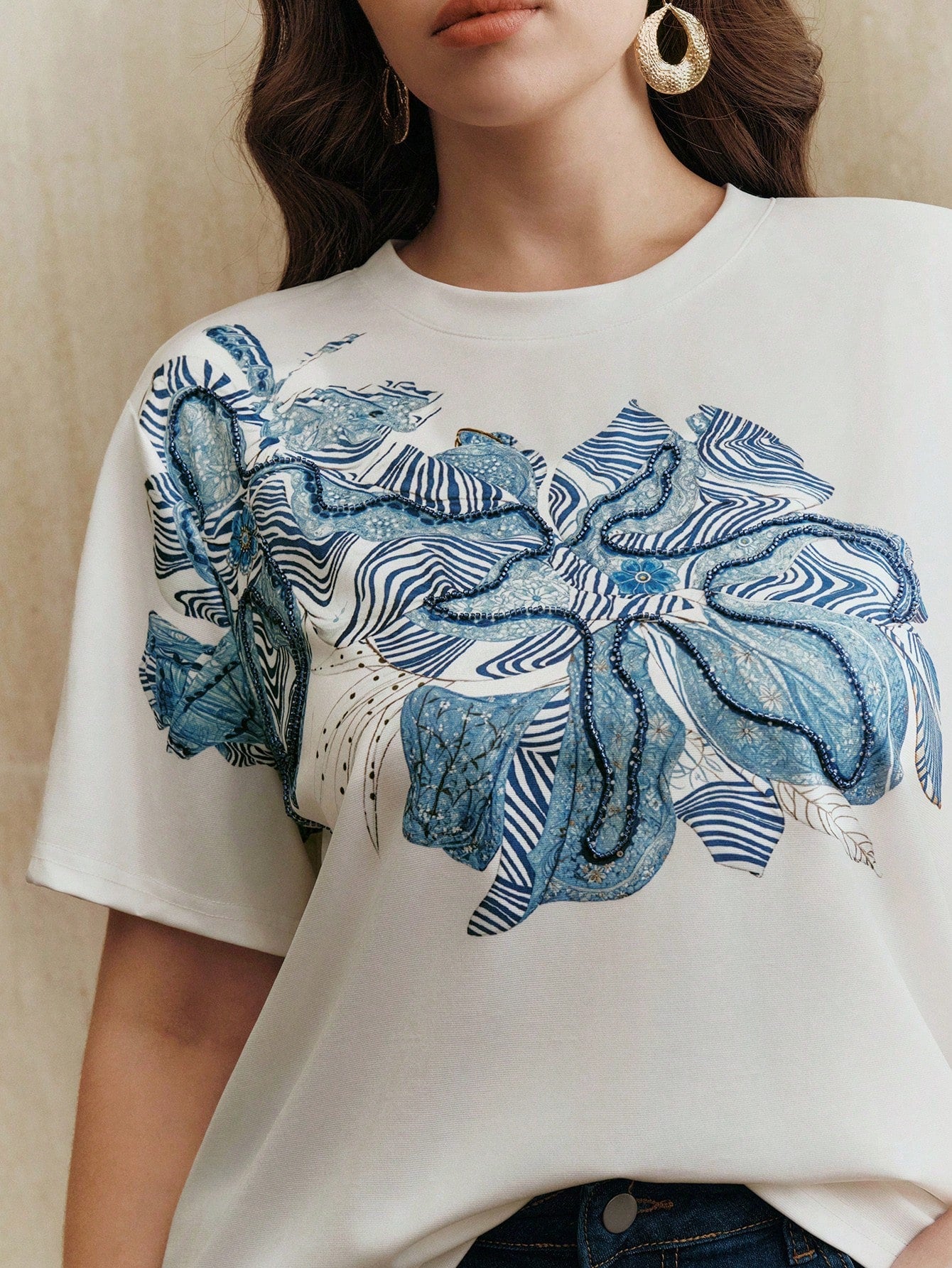 Anewsta Women's Fashion Luxury Casual Embroidered Beaded Print Short Sleeve Round Neck Plus Size T-Shirt1:1