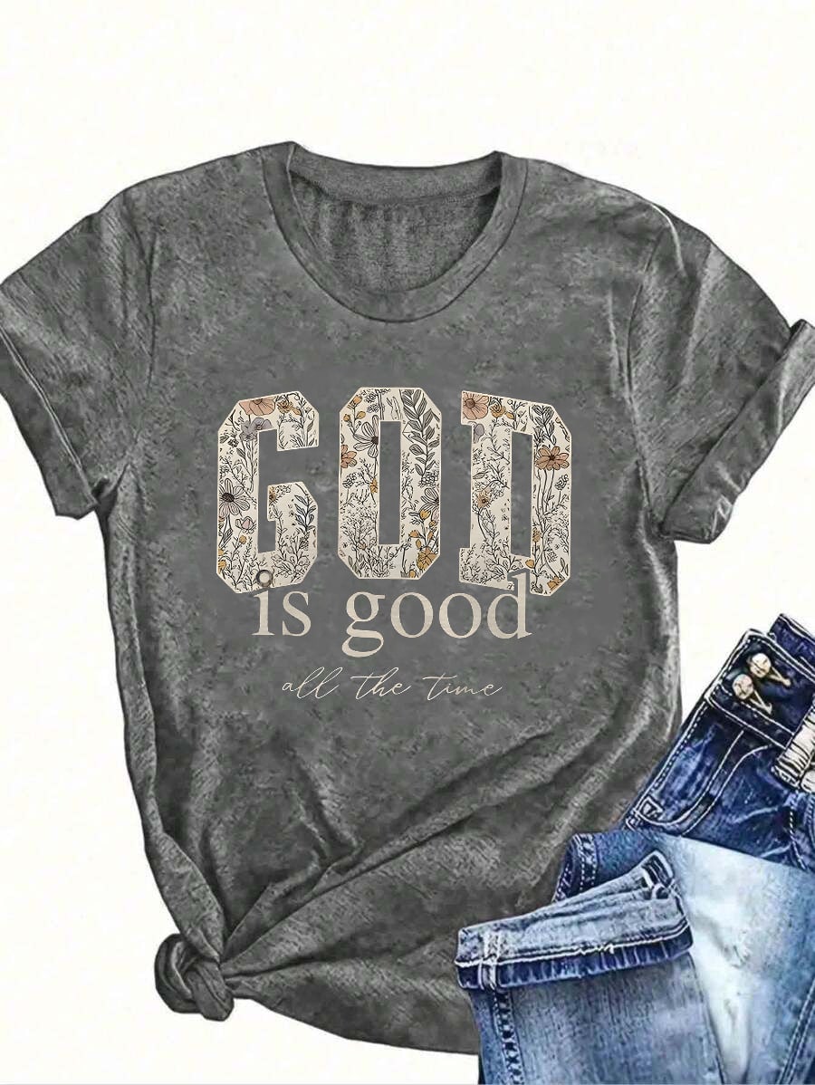 1Pcs Women's "God Is Good" Christian Shirt, Religious Women's T-Shirt, Bible Verse Shirt Gift, Casual Round Neck Short-Sleeved Church Attire, Inspirational Religious Clothing Suitable For Everyday Wear, Creative Christian Gift, Polyester Blend Fabric, Mac