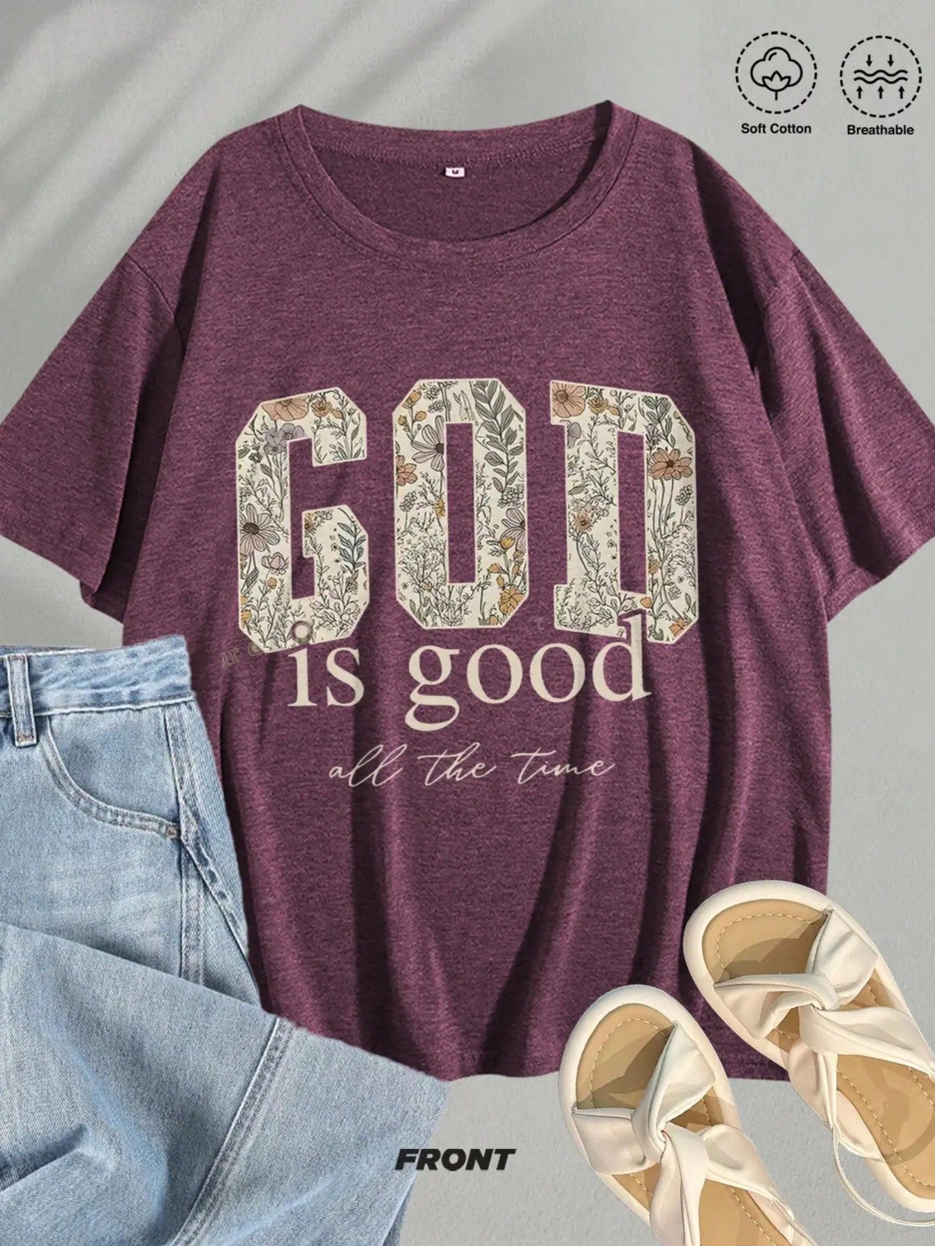 1Pcs Women's "God Is Good" Christian Shirt, Religious Women's T-Shirt, Bible Verse Shirt Gift, Casual Round Neck Short-Sleeved Church Attire, Inspirational Religious Clothing Suitable For Everyday Wear, Creative Christian Gift, Polyester Blend Fabric, Mac