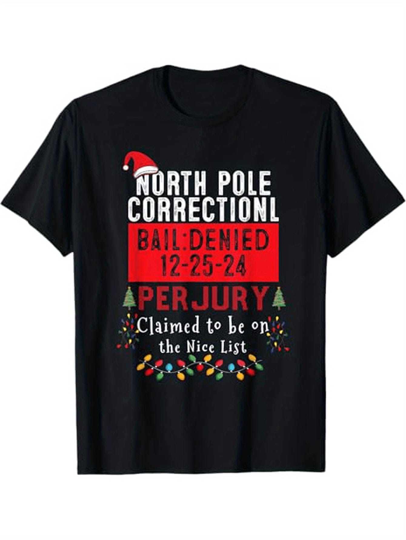 1pc North Pole Correctional Humorous Christmas T-Shirt, 100% Cotton, Classic Crew Neck, Regular Fit, Printed Graphic Tee For Men, Festive Holiday Top, S-XXXL
