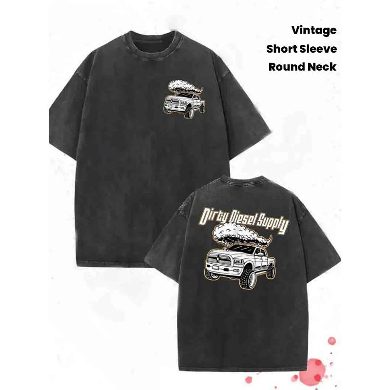 Men's 230G Heavyweight Double-Sided Washed T-Shirt - "Dirty" Graphic Prt with Vtage Truck Design, Round Neck Regular Fit Short Sleeve Tee for All-Season Casual Outdoor Hikg & Holiday Gifts