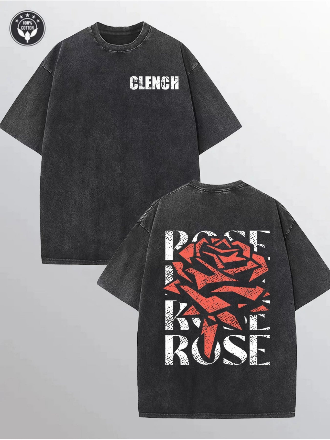 Men'S Vintage Washed - Distressed Brown & Beige Oversized T-Shirt with White Rose & CLENCH Letter Print, Soft Loose Fit Casual Short Sleeve Round Neck, Machine Washable All-Season Comfort for Daily Wear, Fishing, Outdoor & Golf - Ideal Men'S Gift