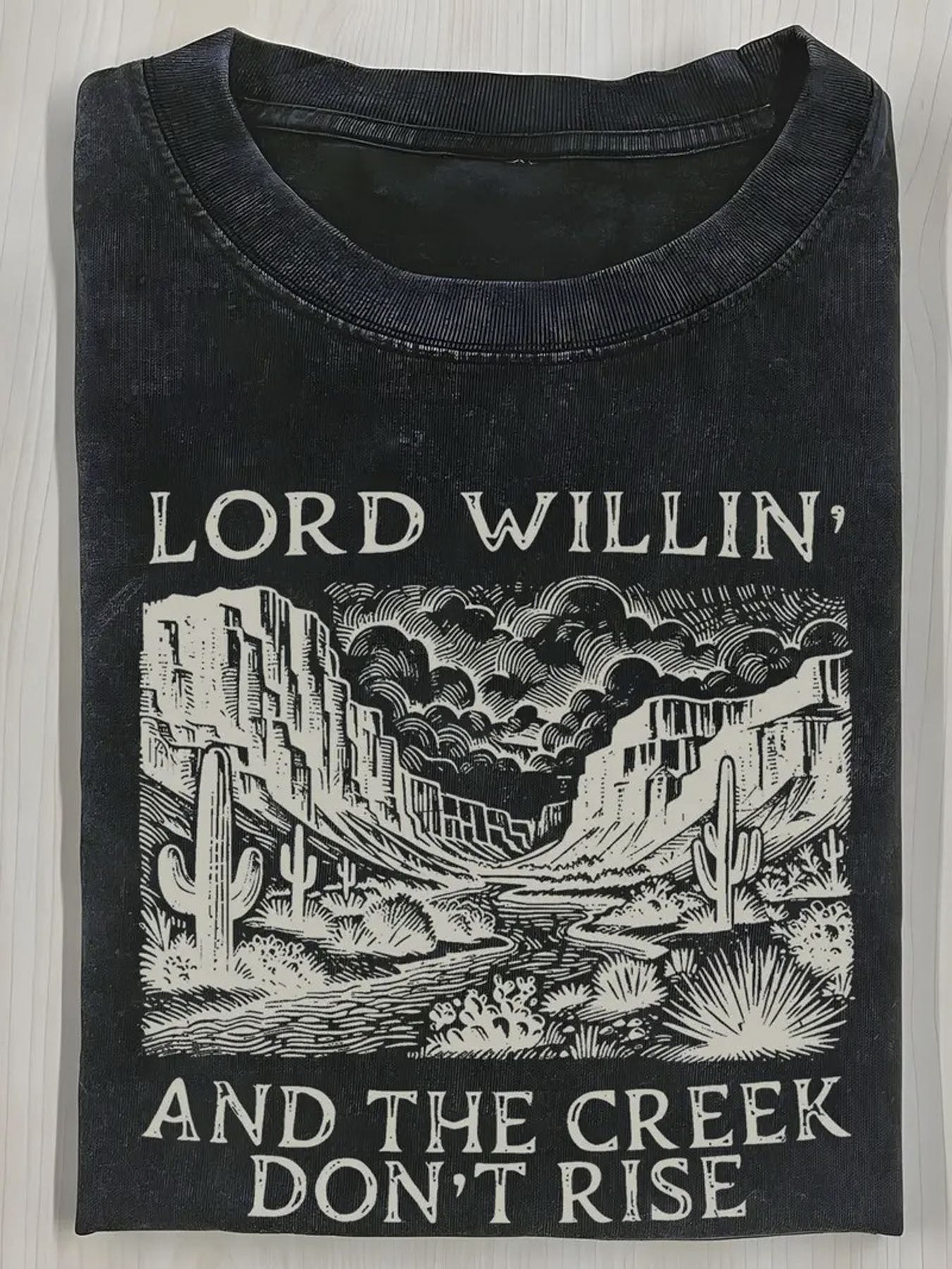 Heavyweight 230GSM Washed Batik Cotton T-Shirt - Y2K Desert Landscape Print Round Neck Tee, Thick All-Season Casual Top for Outdoor & Casual Attire, Desert Scenery Gift