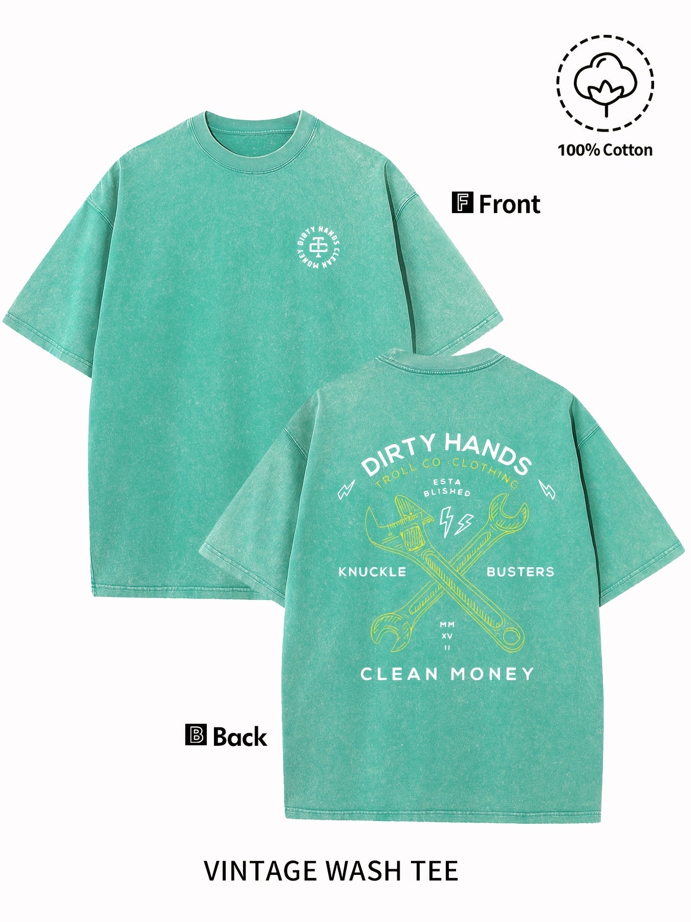 Men's Vintage Washed Cotton T-Shirt - "Dirty Hands Clean Money" Graphic Print, 230g Crew Neck Short Sleeve, Casual Street Style, Machine Washable Spring/Summer Comfort Top