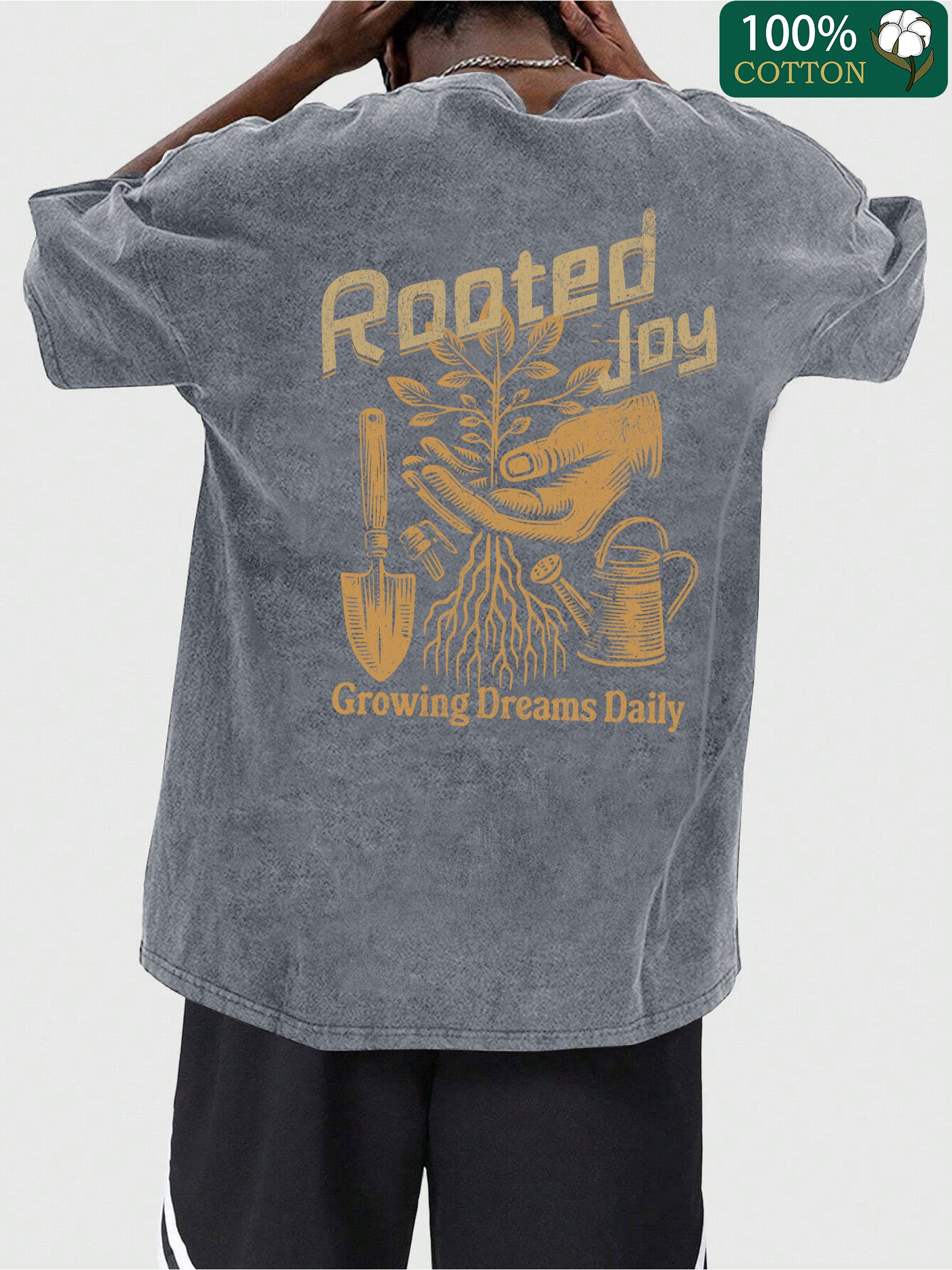 Men's Vintage Heavyweight 230g Cotton T-Shirt with Gardening Tool & Plant Back Print - Distressed Tie-Dye Wash Soft Round Neck Short Sleeve Summer Casual Top Suitable for Outdoor & Casual Attire, Natural Style All-Season 230gsm