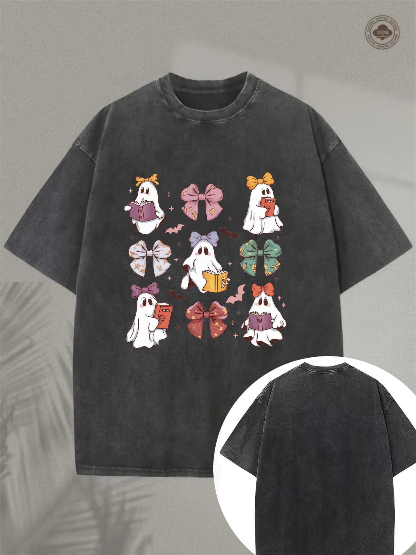 Men's Vintage Washed Cotton T-Shirt with Bowknot (Bow Tie) Print - Soft Short Sleeve Round Neck Casual Tee, Machine Washable Horror Theme Outfit for Year-Round, Retro Aesthetic Party Wear & Daily Essential - for men