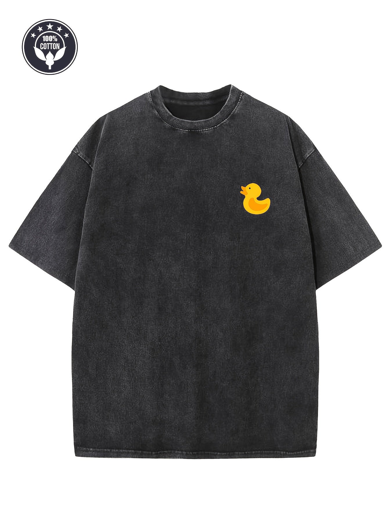 1pc Unisex Casual T-Shirt with Cute Yellow Duck Graphic, 230g Washed, Loose Low-Shoulder Design, Retro Street Style Short Sleeve Round Neck Top for All Seasons Beach Party Daily Wear, T Shirt, for allseason Apparel, Beach Outfit, Minimalist Fashion