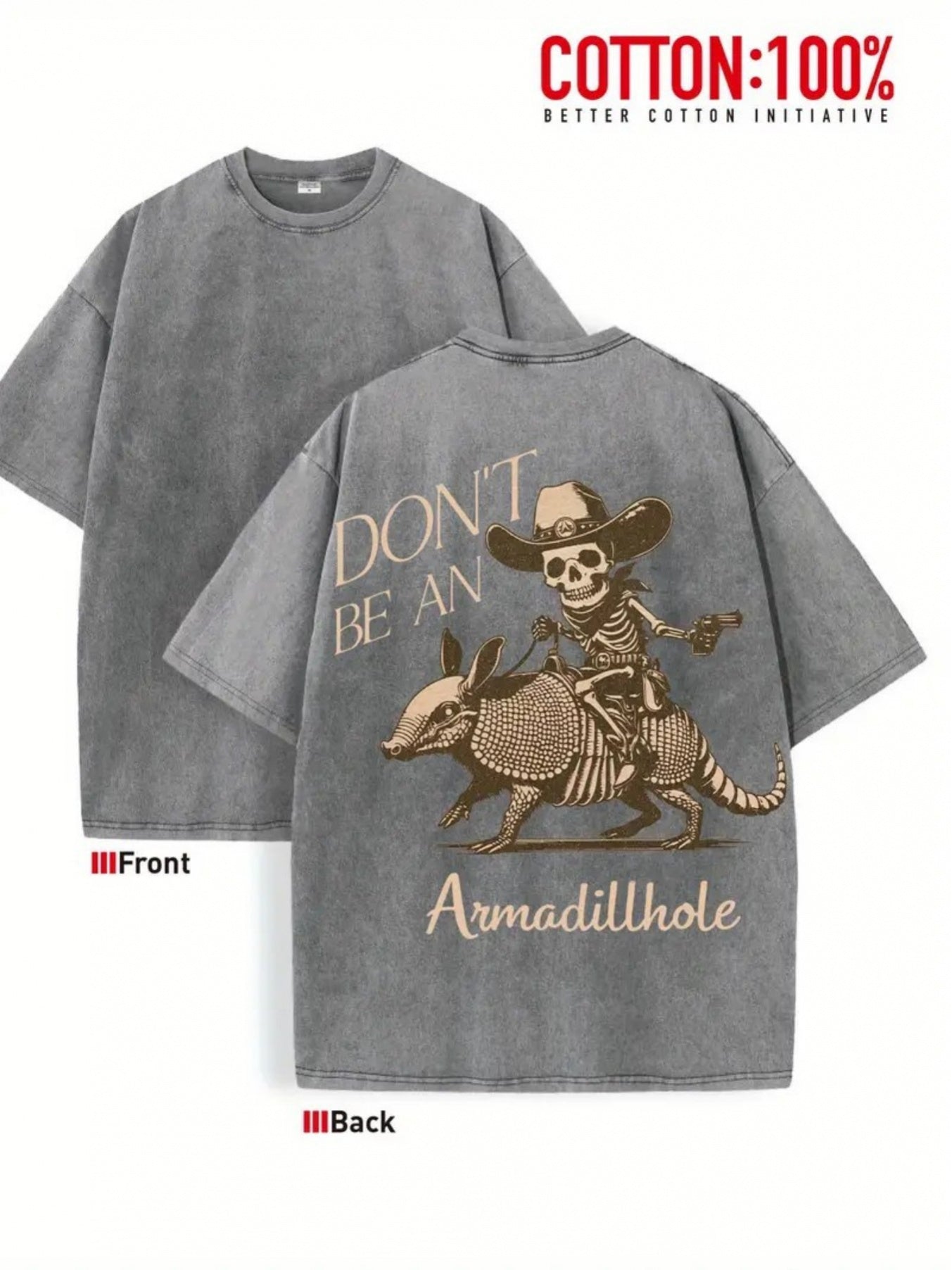 Men's Vintage Western Cotton T-Shirt with Skull Cowboy & Armadillo "Don't Become an Armadillo Hole" Graphic, Loose Fit Crew Neck Casual Tee,