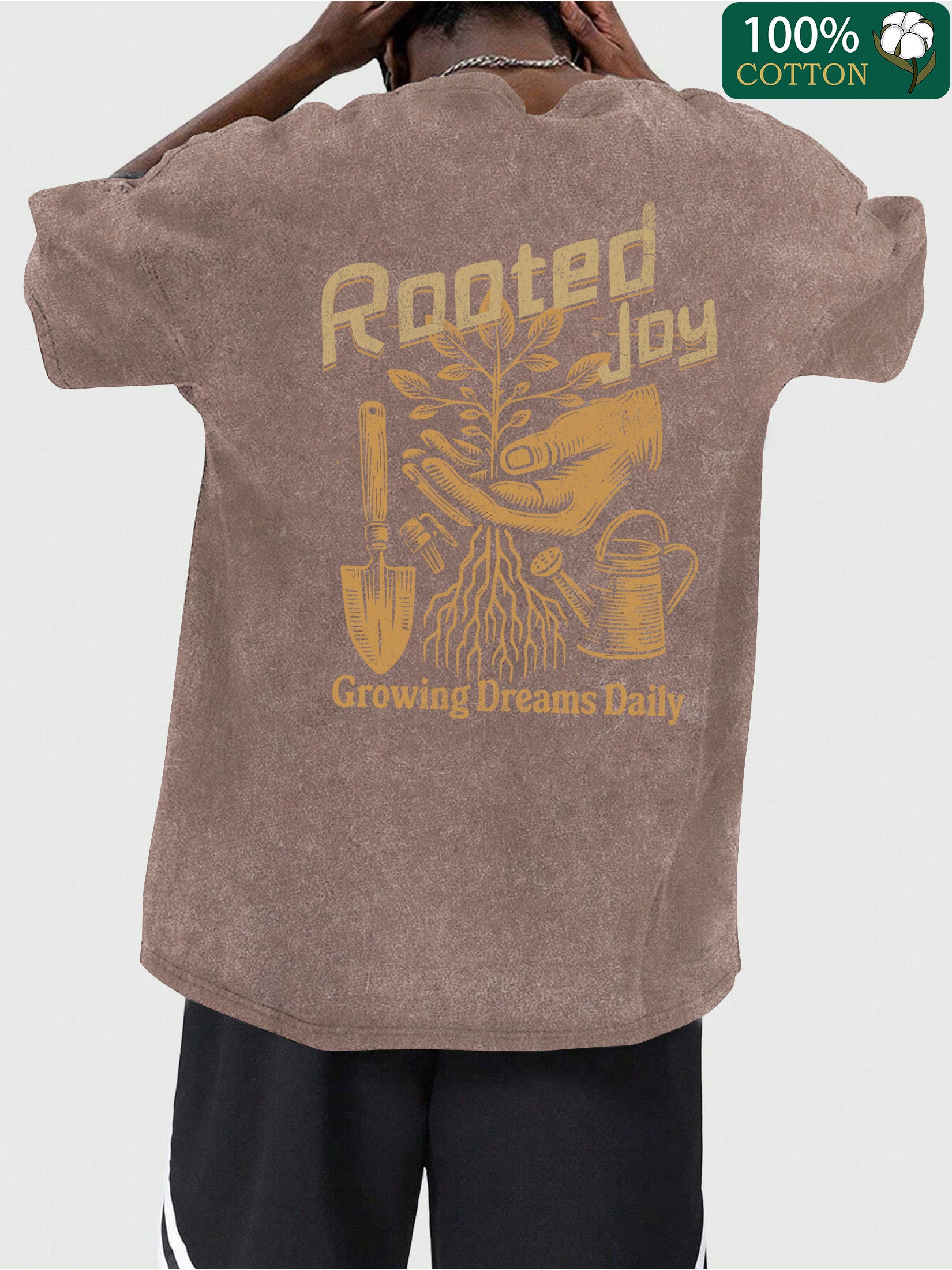 Men's Vintage Heavyweight 230g Cotton T-Shirt with Gardening Tool & Plant Back Print - Distressed Tie-Dye Wash Soft Round Neck Short Sleeve Summer Casual Top Suitable for Outdoor & Casual Attire, Natural Style All-Season 230gsm