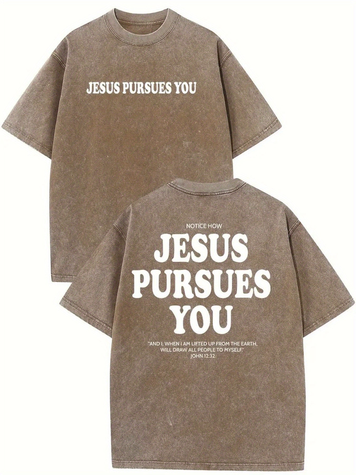 1pc Men'S 230GSM Double-Sided Washed Pursues You & Romans 10:910 Print | Street Style Regular Fit Crew Neck, All-Season Casual Style, Machine Washable Holiday Gift, Loose Fit Shirt, Distressed Effect Top, Durable Knitted