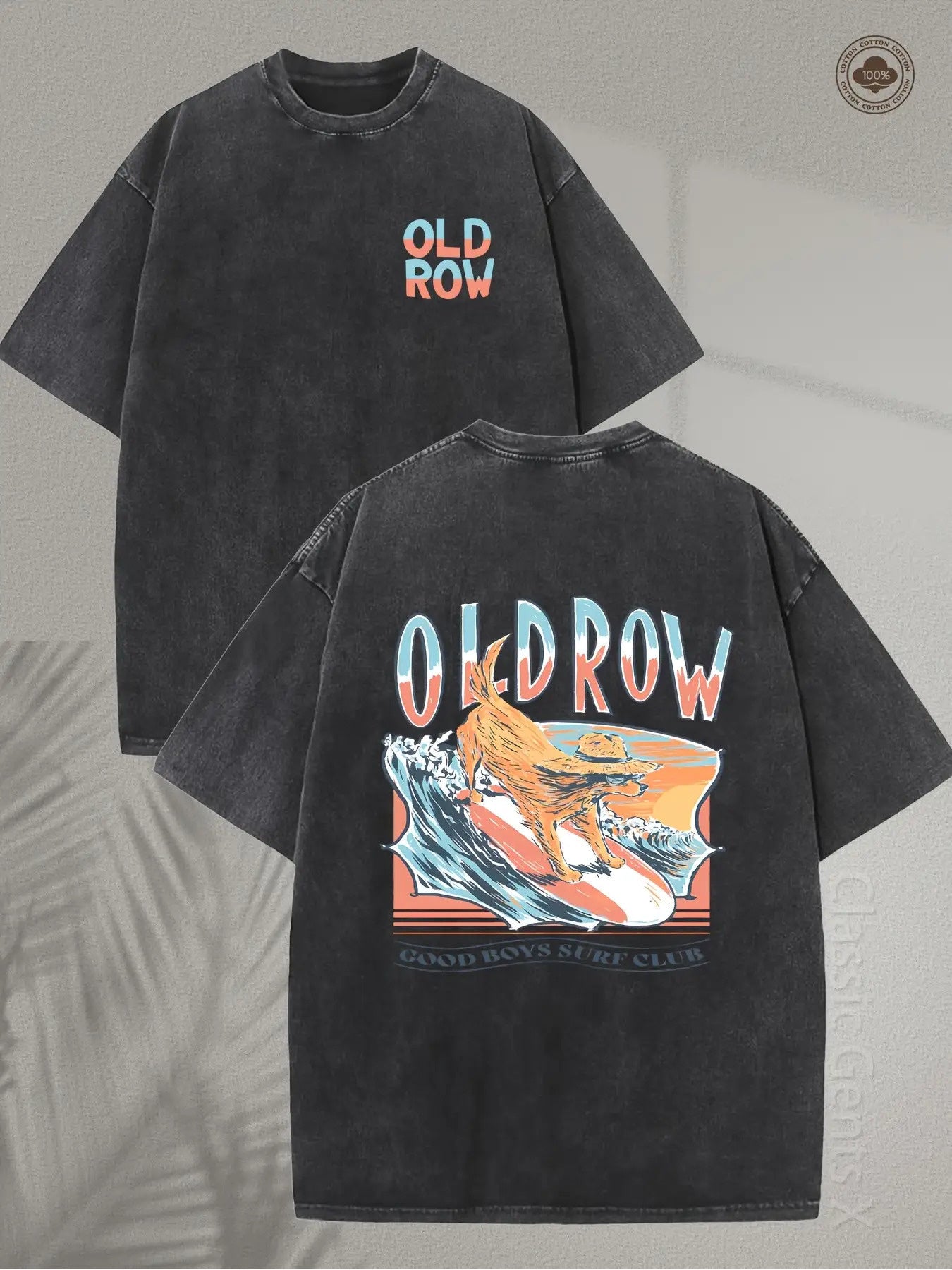Men's & Unisex Heavyweight 250g Washed Cotton T-Shirt - Vintage Surf Club Shirt with Retro Surfboard & Wave Graphics in Blue Green/Orange, Old Row Good Society Logo, Loose Fit for Beach Party, Casual Wear, Surf Lifestyle (Machine Washable