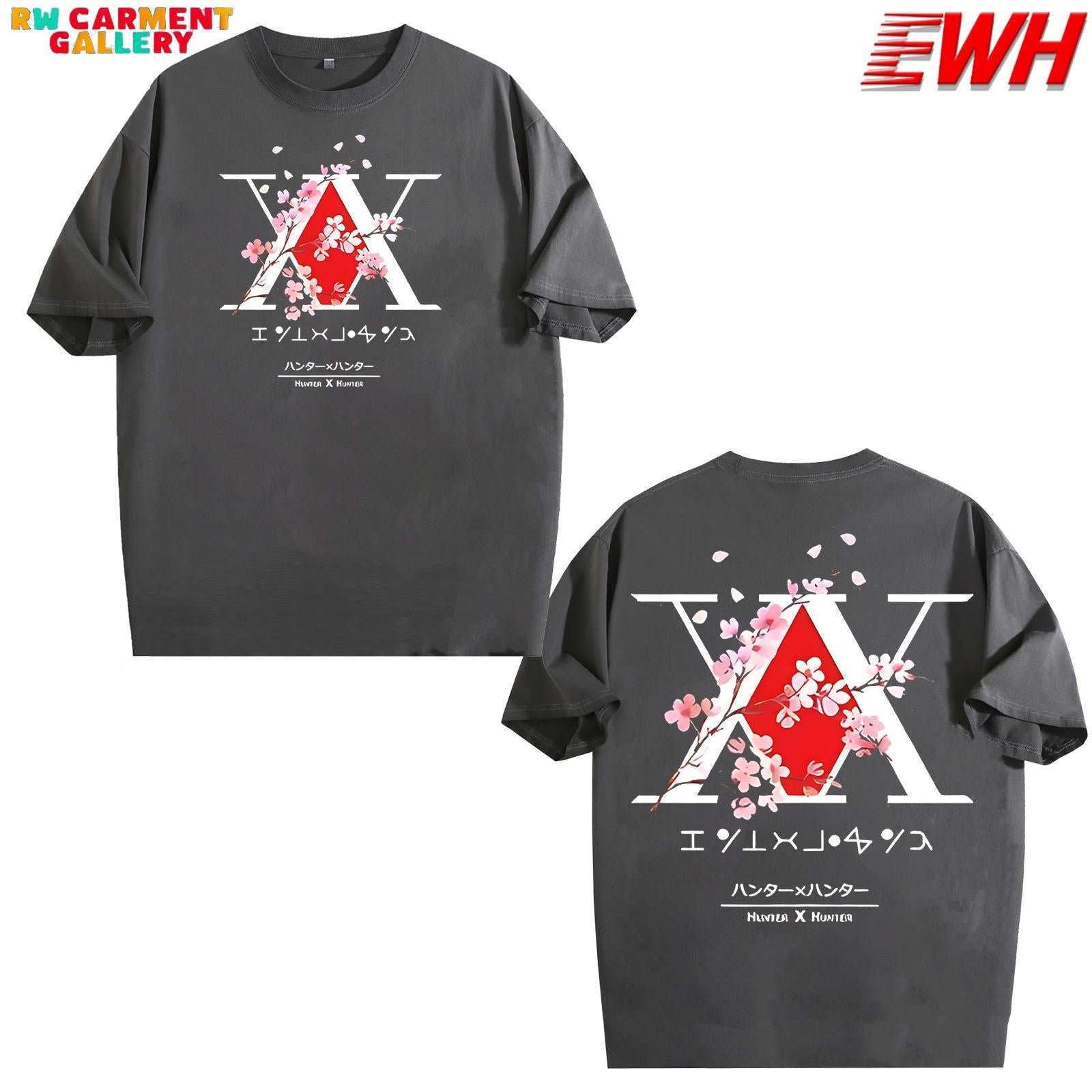 Anime Hunter X Hunter Logo Retro Dirty washed T-shirt Killua Gon Cherry Blossom Pattern T-shirt Men's Fashion Casual Oversized T-shirt Men's Top Christmas, Christmas gifts