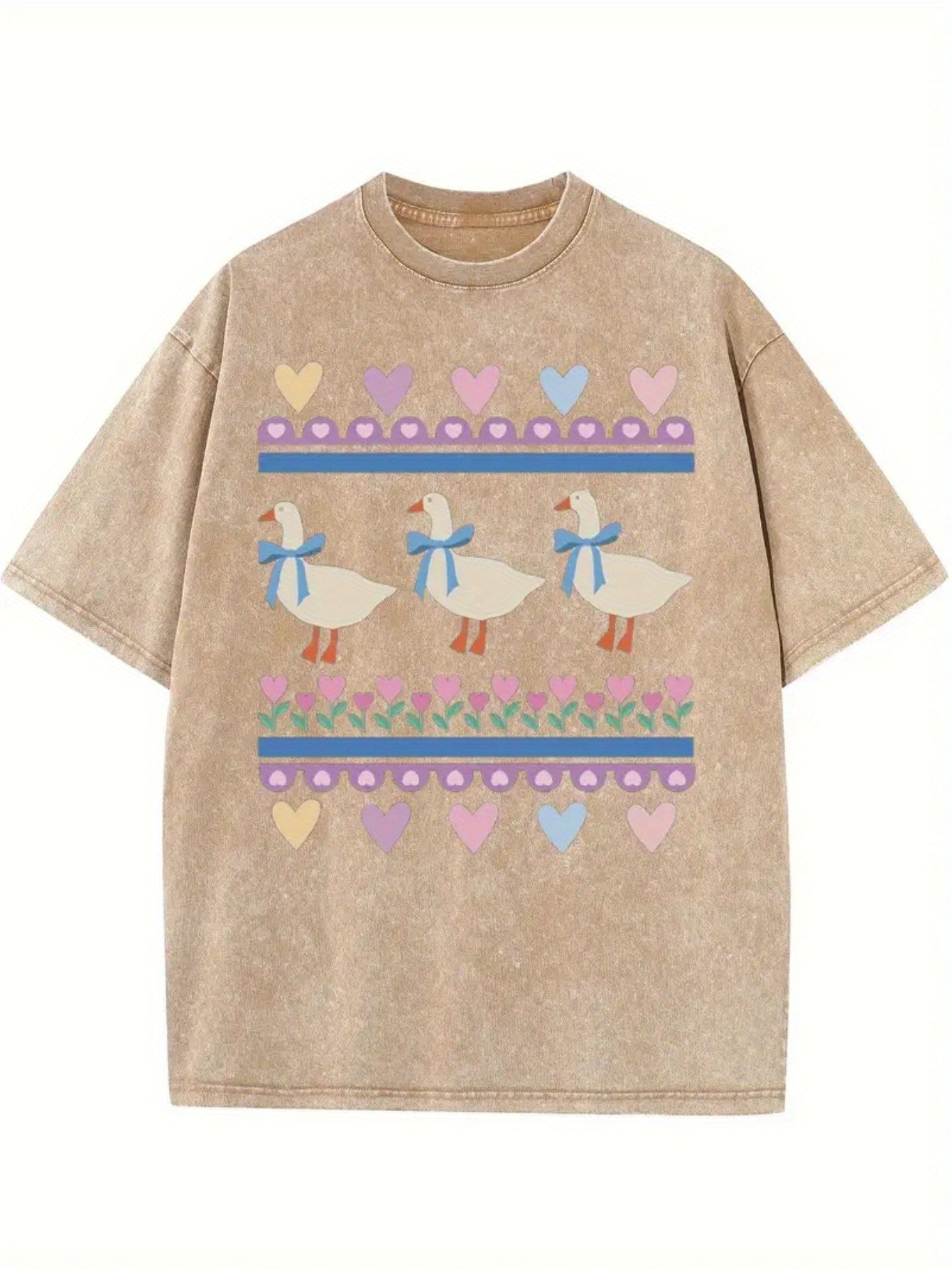 Men's & Unisex Vintage Distressed Duck Print Washed Cotton T-Shirt - Oversized Round Neck Short Sleeve Top with DUCK Design, Casual Loose Fit for Spring Summer Casual Attire, 250g Comfortable Year-Round Shirt