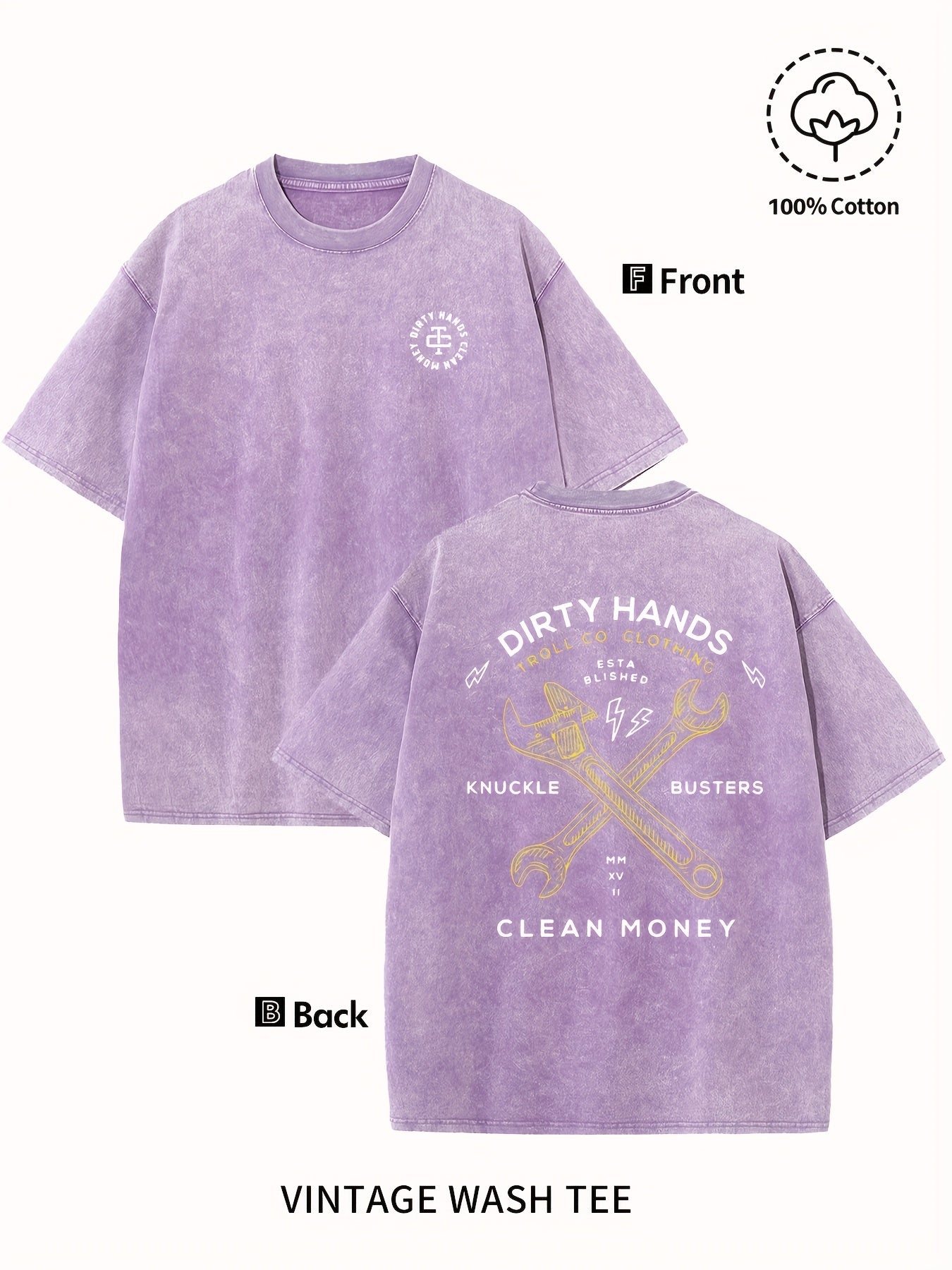 Men's Vintage Washed Cotton T-Shirt - "Dirty Hands Clean Money" Graphic Print, 230g Crew Neck Short Sleeve, Casual Street Style, Machine Washable Spring/Summer Comfort Top