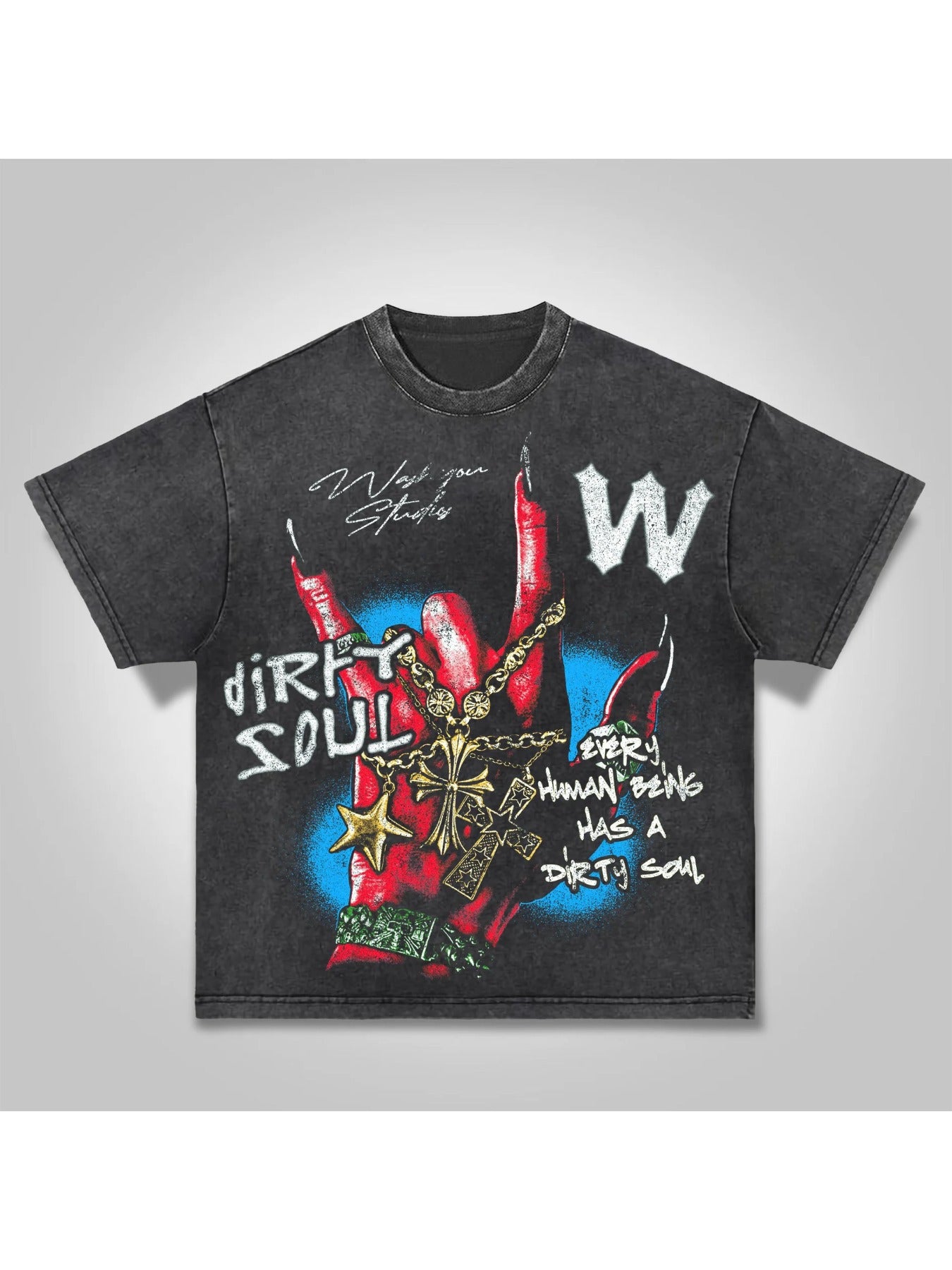 Men's Vintage Washed 100% Cotton T-Shirt - Dual-Sided Graphic Print "DIRTY SOUL" Streetwear Tee with Batik-Inspired Geometric Design, Regular Fit Short Sleeve Round Neck Casual Summer Top