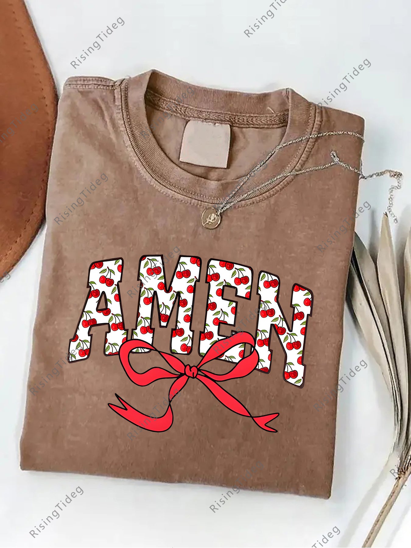 Men's 230g Vintage Washed Cotton T-Shirt with Fruit Bow Print - Loose Fit Streetwear Style Round Neck Short Sleeve Top, Casual All-Season Shirt, Machine Washable Comfortable Casual Attire