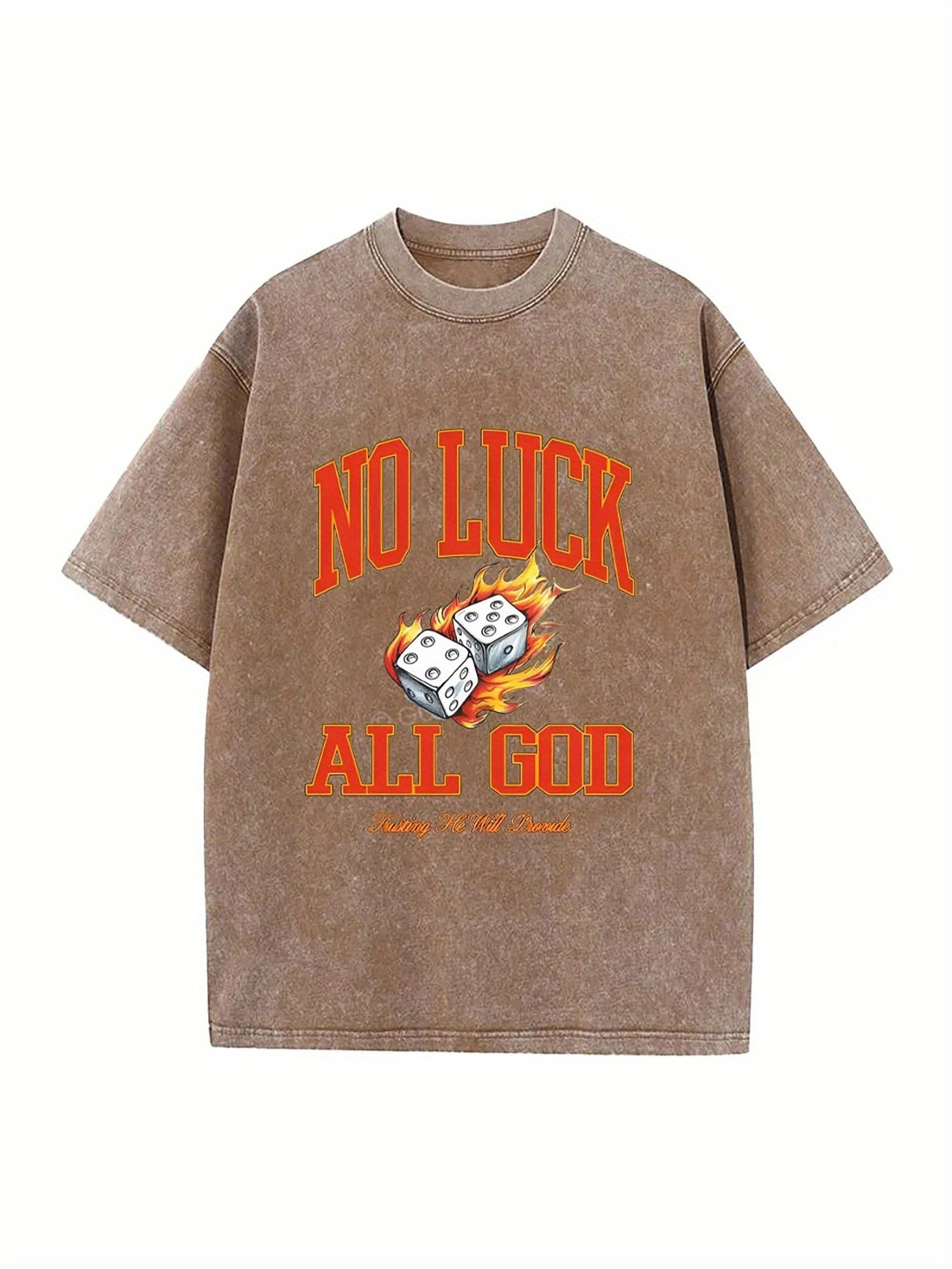 1pc Men'S Vintage Washed T-Shirt with "No Luck All Depend on God" Inspirational Print & Dice Graphic - Casual Streetwear Loose Fit Round Neck Short Sleeve, All-Season Comfort, Machine Washable Christian Faith Apparel for Men
