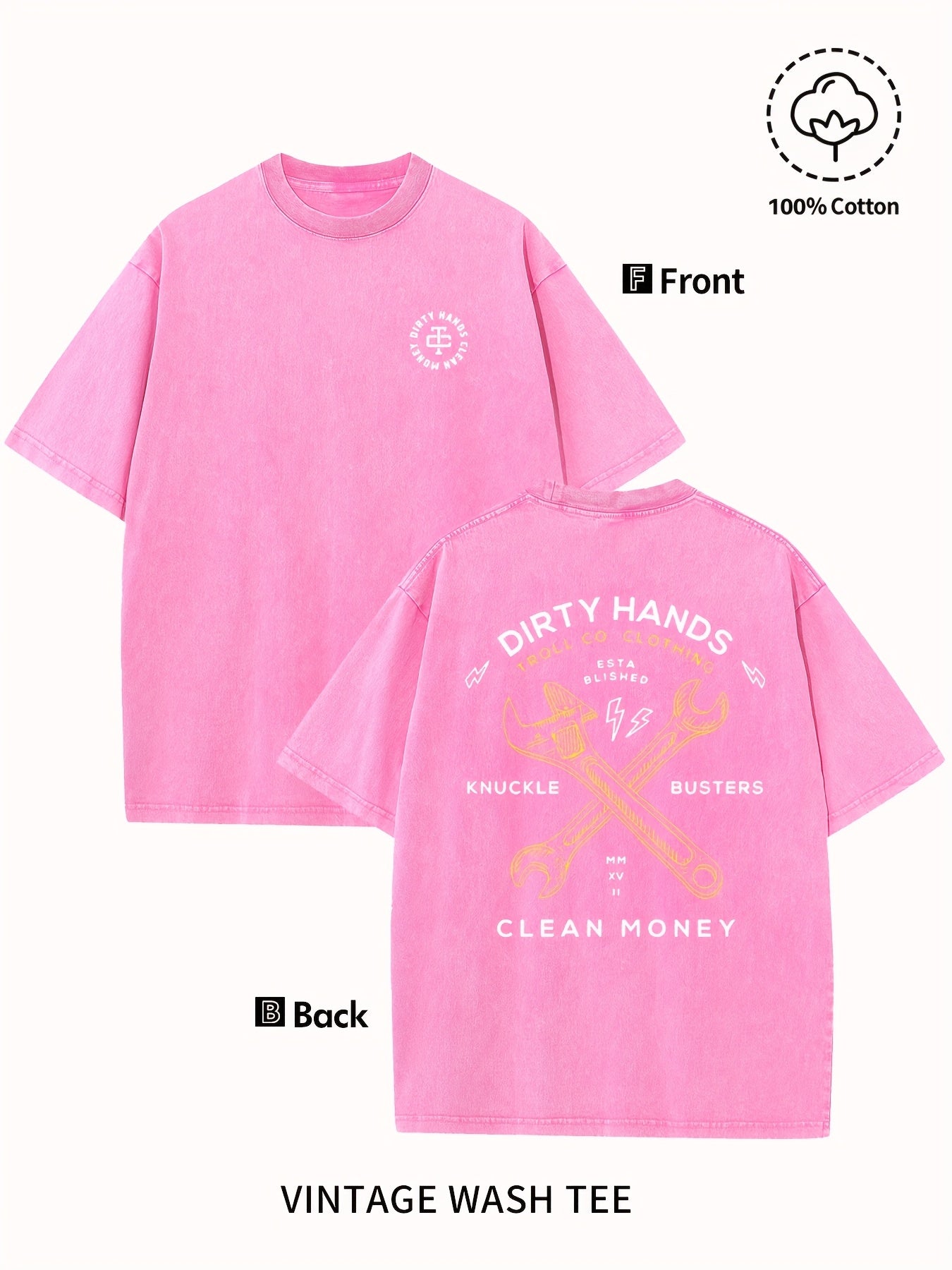 Men's Vintage Washed Cotton T-Shirt - "Dirty Hands Clean Money" Graphic Print, 230g Crew Neck Short Sleeve, Casual Street Style, Machine Washable Spring/Summer Comfort Top